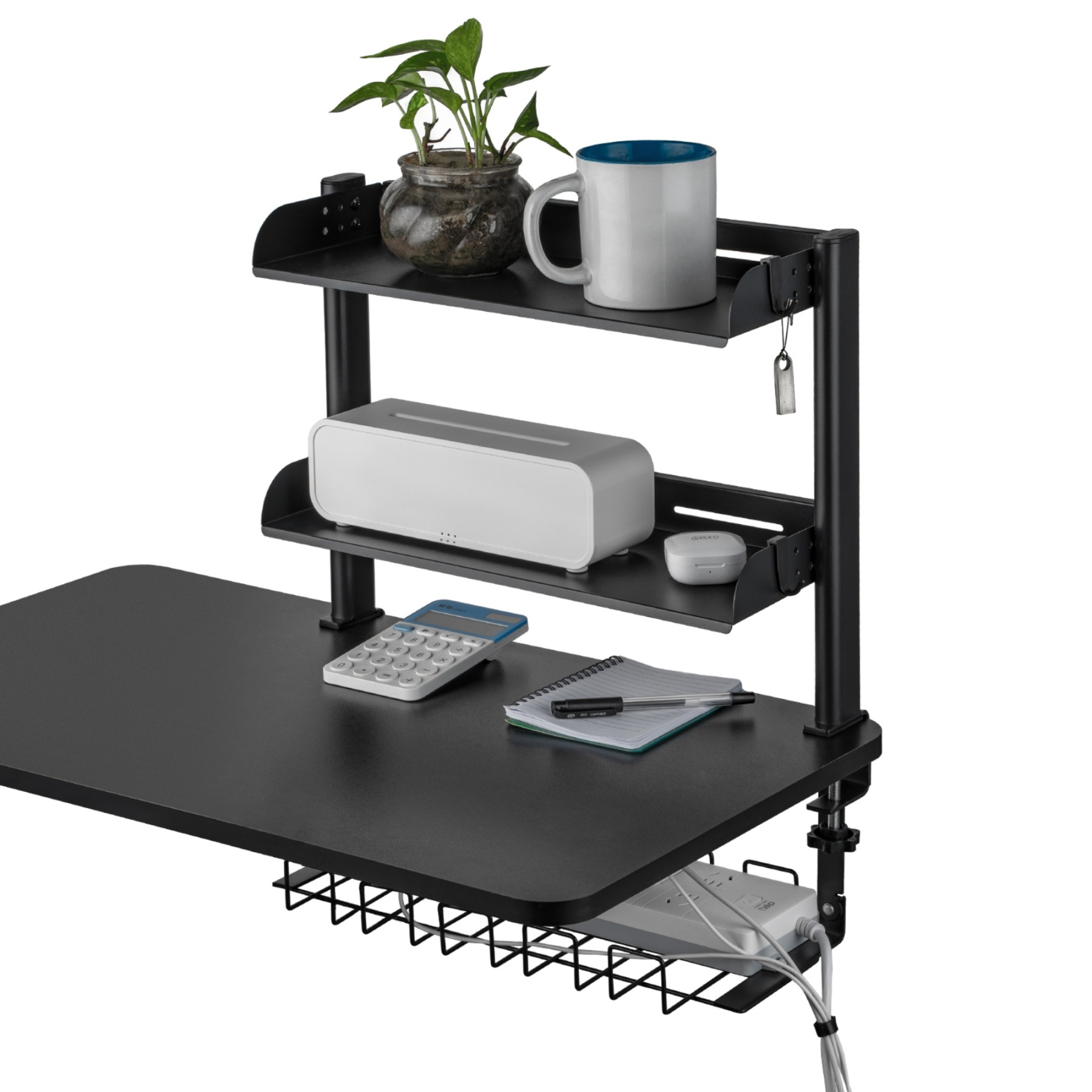 Clamp-on Cable Management Tray Desk Shelf Rack Under Desk Cable Holder Organizer Storage Rack Black
