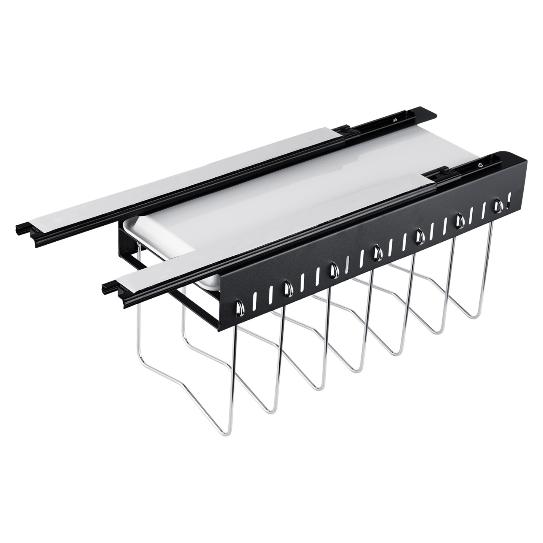 Under Cabinet Pull-Out Kitchen Cookware Storage Rack Pot Pan Organizer Holder Drain Tray Shelf Black/White