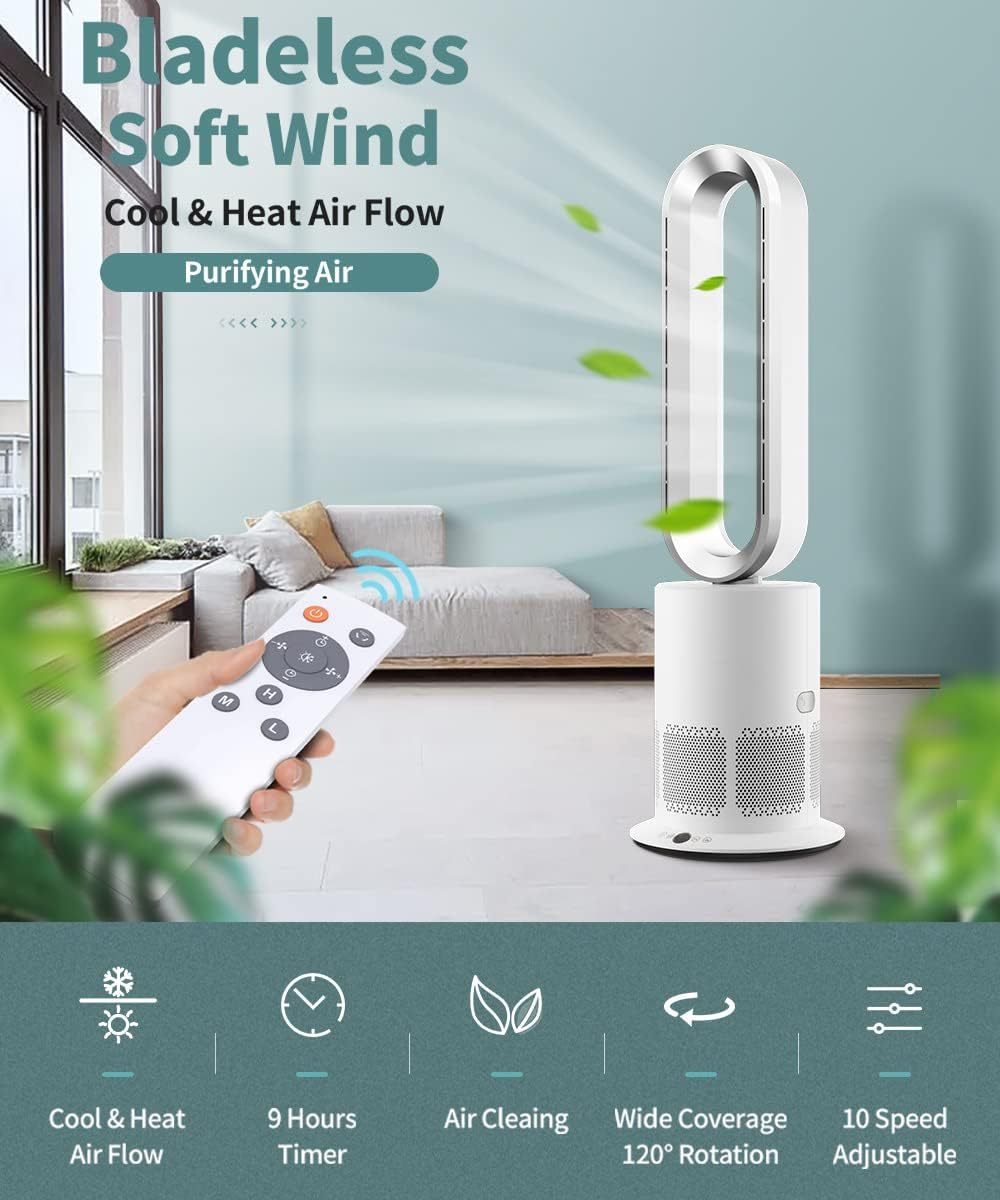 Angelo 3 in 1 Bladeless Heat Fan, Tower Fan & Heater Combo with HEPA Filter Air Purification, Remote Control, Timer, Oscillating, Air Circulator for Bedrooms Office Home SAA Approved 