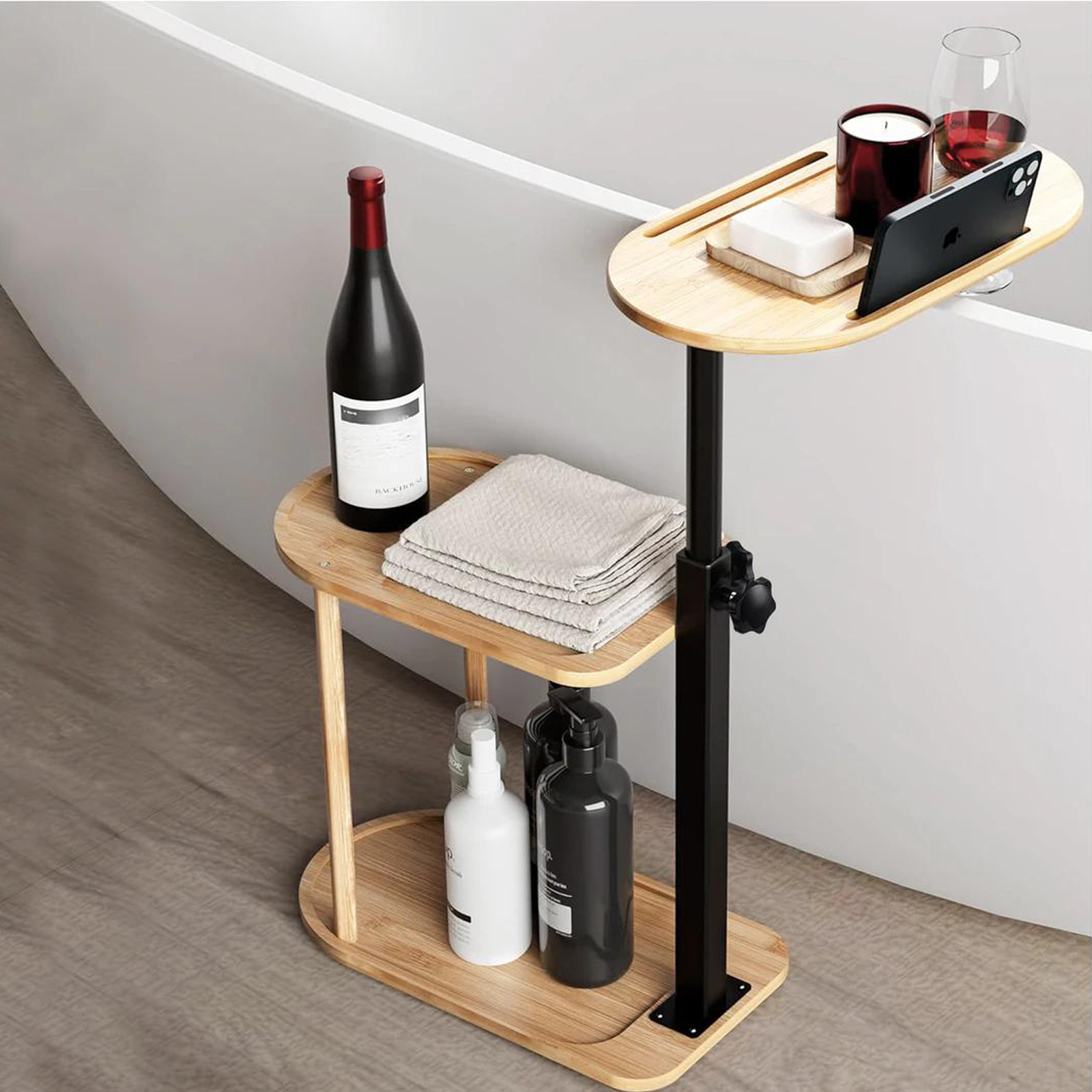 3 Tier Bamboo Side Table Bath Tub Tray Shower Caddy Phone Wineglass Holder Bed Stand Rotatable Holder Shelf