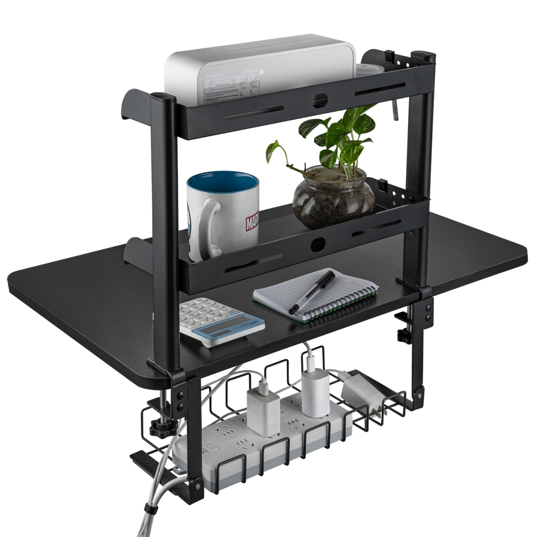 Clamp-on Cable Management Tray Desk Shelf Rack Under Desk Cable Holder Organizer Storage Rack Black