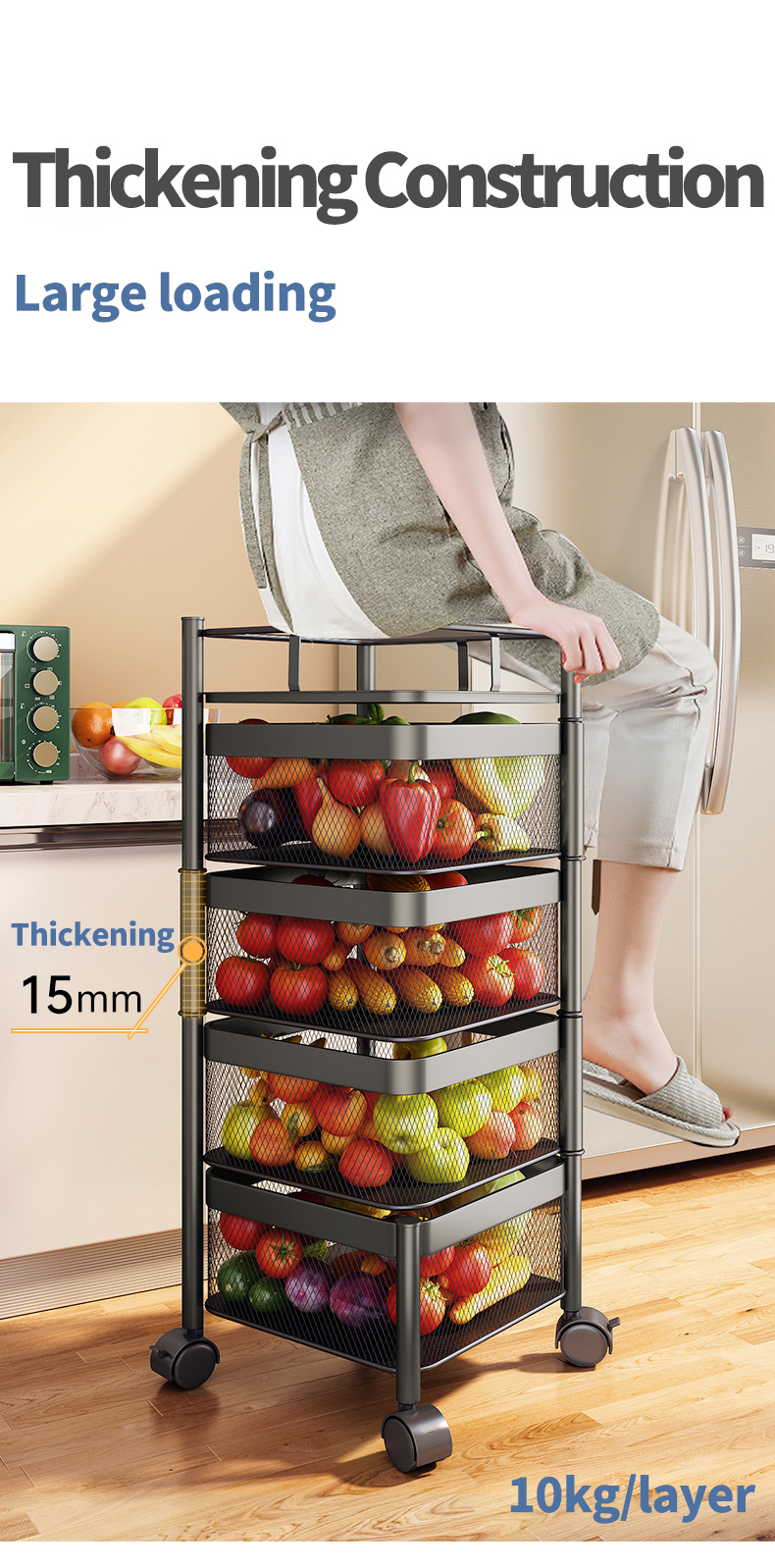 4 Tiers Kitchen Trolley Storage Rack Organizer Cart Storage Rack Square Basket Vegetable Rotating Holder