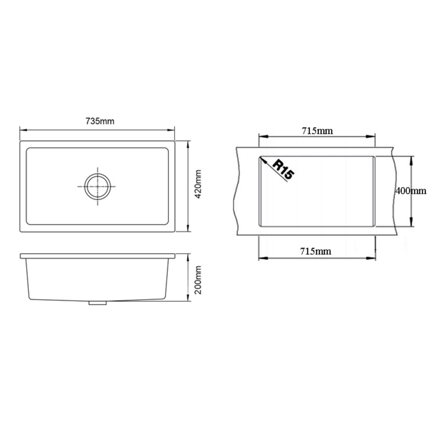 Granite Quartz Stone Single Bowl Kitchen Sink Top/Flush/Under Mount Laundry Basin White/Black