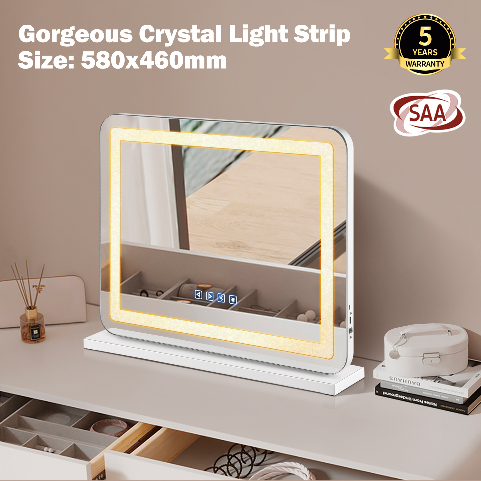 580x460mm Bluetooth Vanity Tabletop Makeup Mirror Rectangle LED Crystal Light