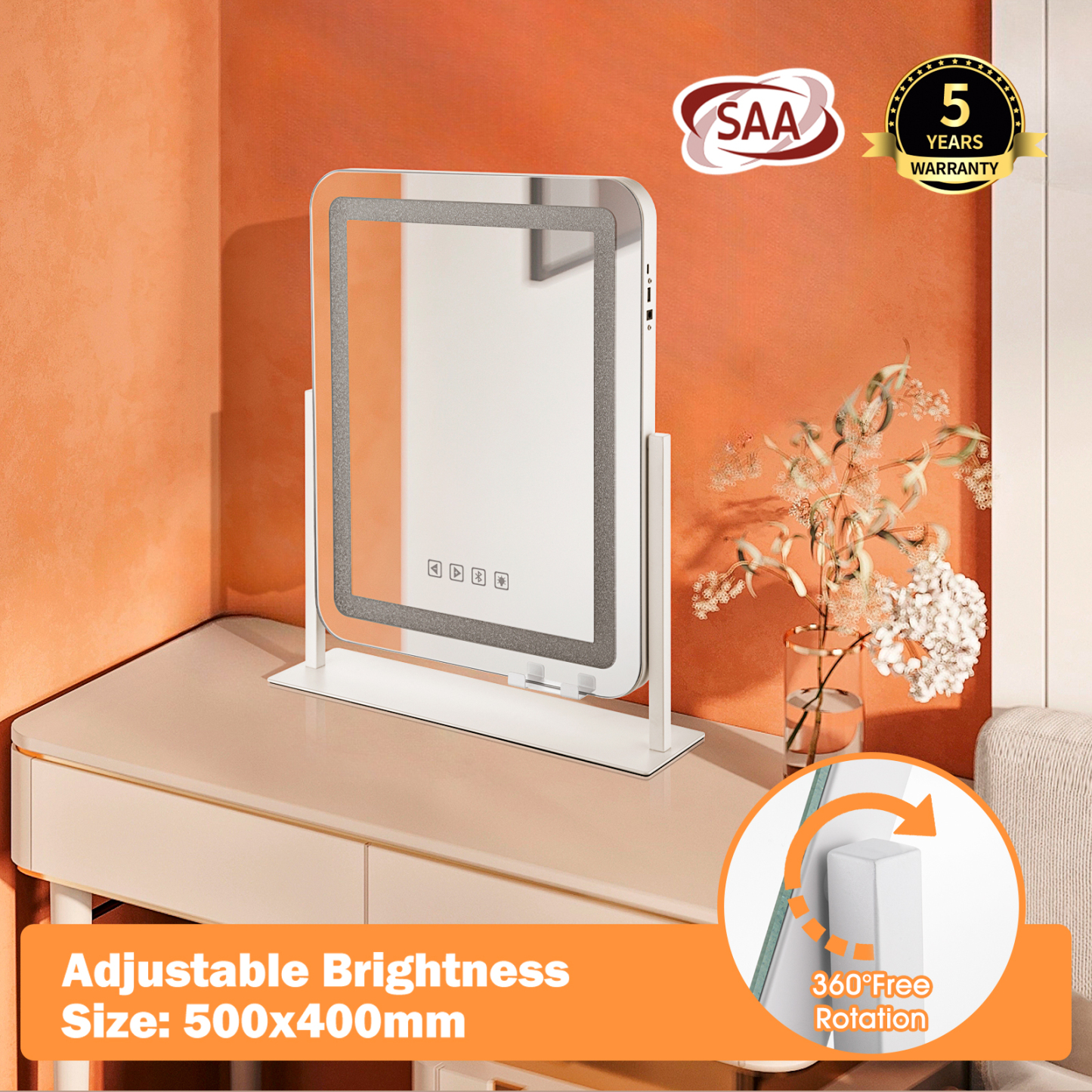 500x400mm Crystal LED Light Vanity Tabletop Makeup Mirror Touch Bluetooth 360° Rotation