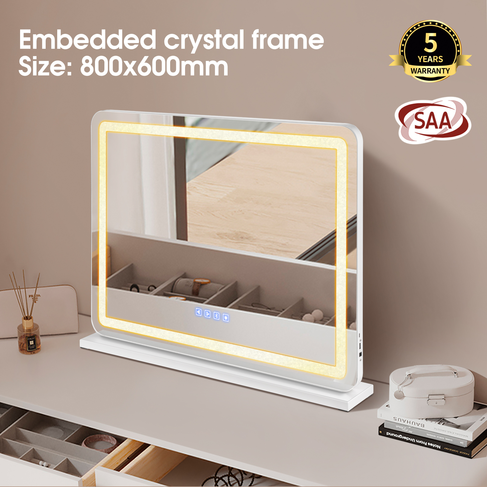 800x600mm Wall Tabletop Vanity Makeup Mirror Bluetooth Crystal LED Light 3 Colors Dimmable