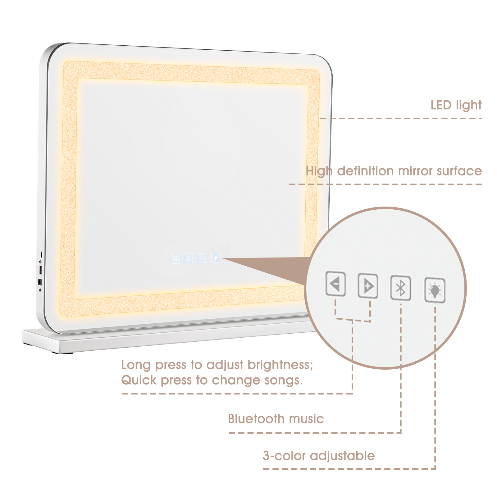 580x460mm Bluetooth Vanity Tabletop Makeup Mirror Rectangle LED Crystal Light 