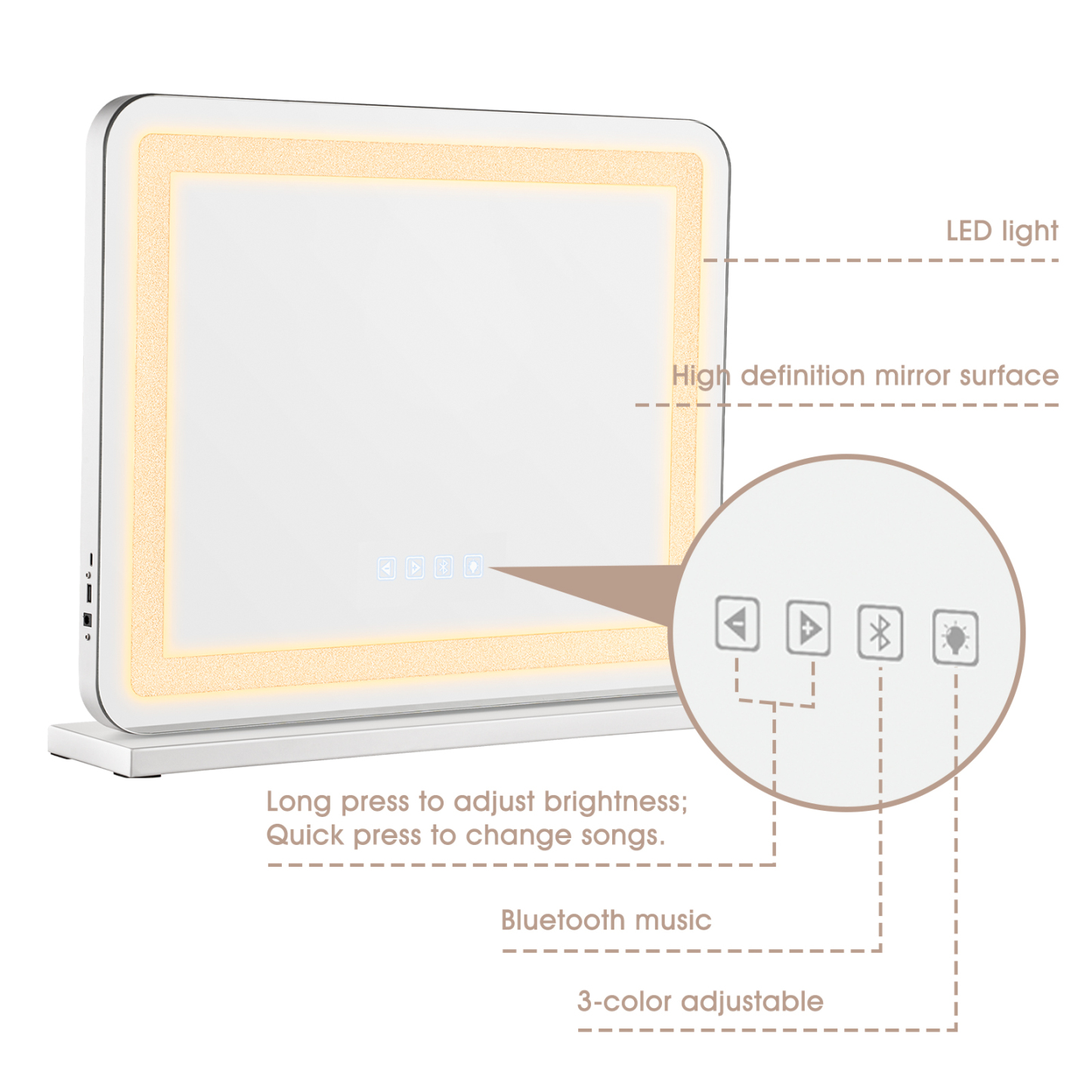 580x460mm Bluetooth Vanity Tabletop Makeup Mirror Rectangle LED Crystal Light