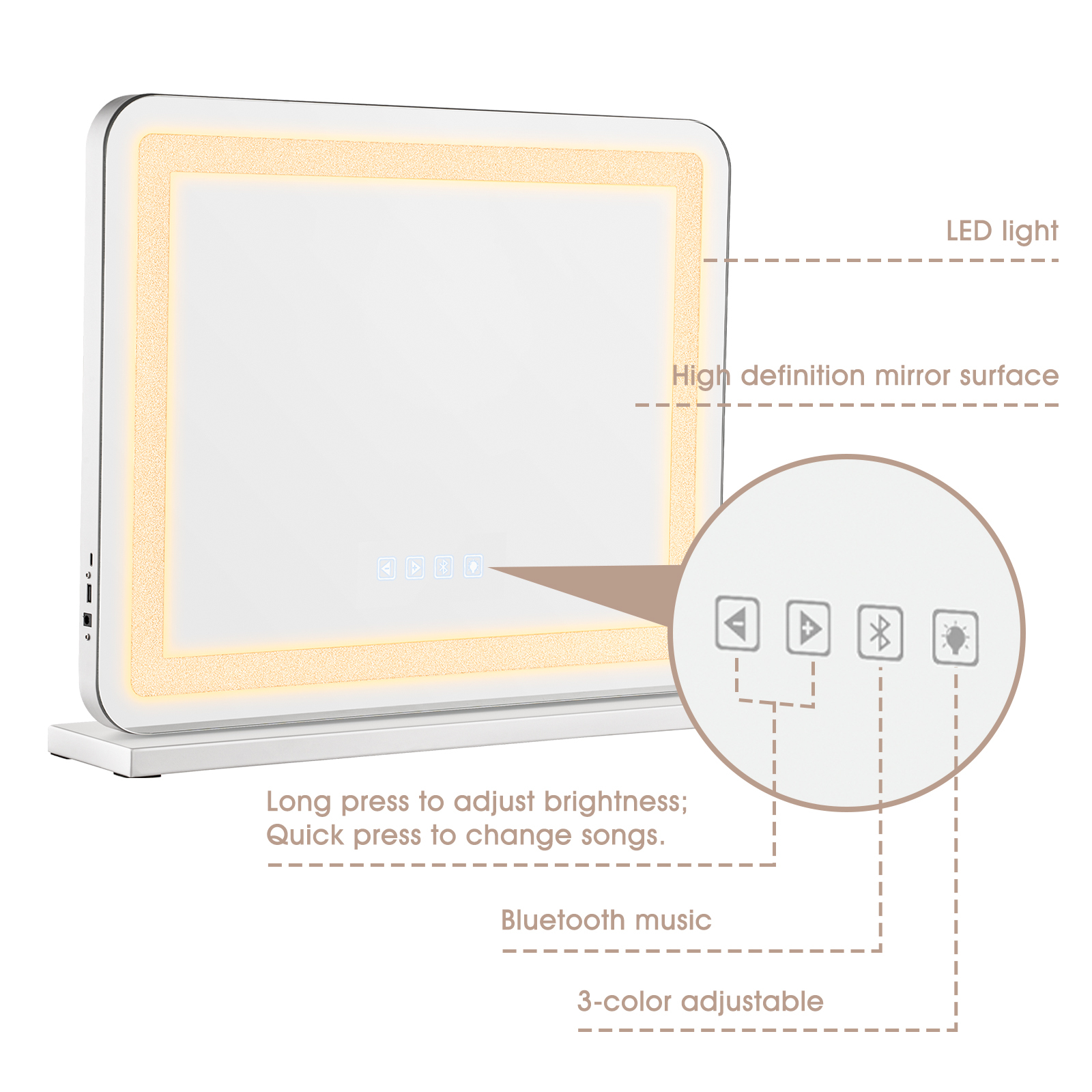 580x460mm Bluetooth Vanity Tabletop Makeup Mirror Rectangle LED Crystal Light