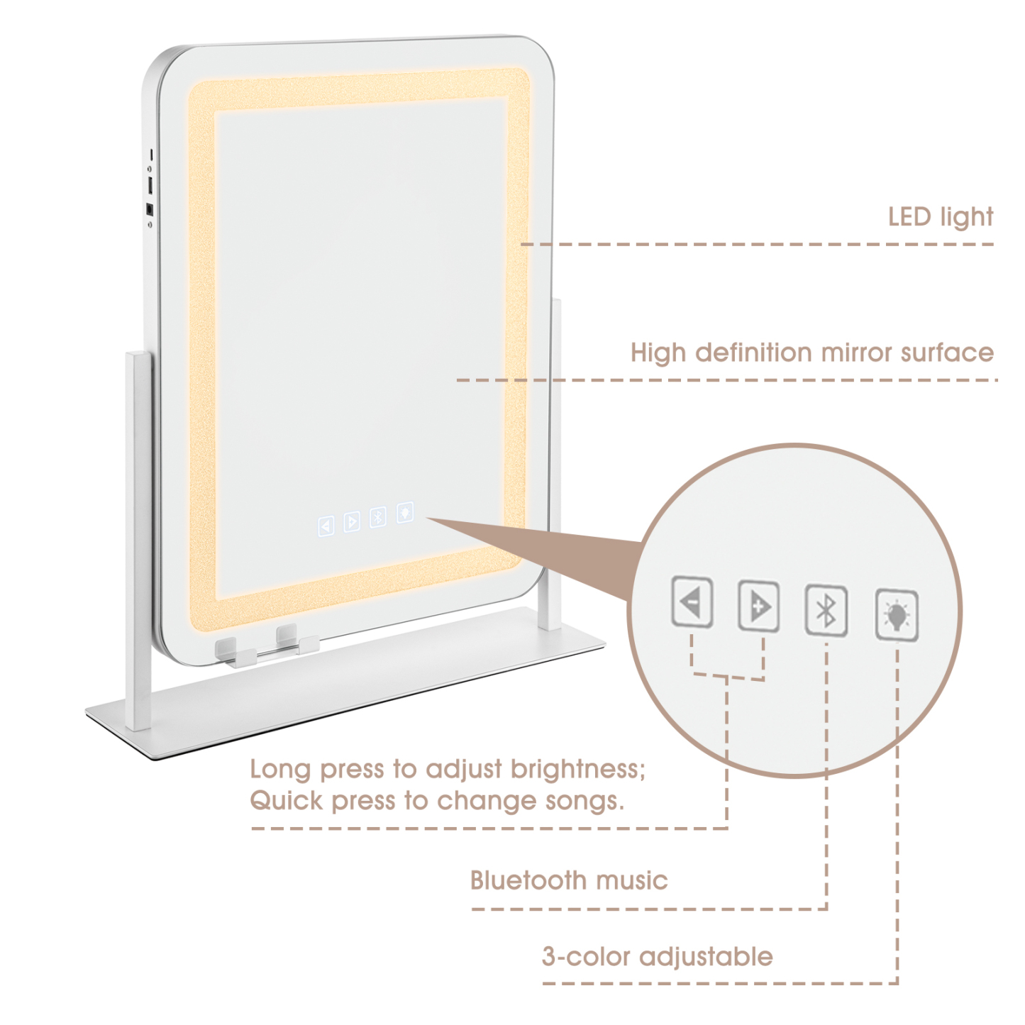 500x400mm Crystal LED Light Vanity Tabletop Makeup Mirror Touch Bluetooth 360° Rotation