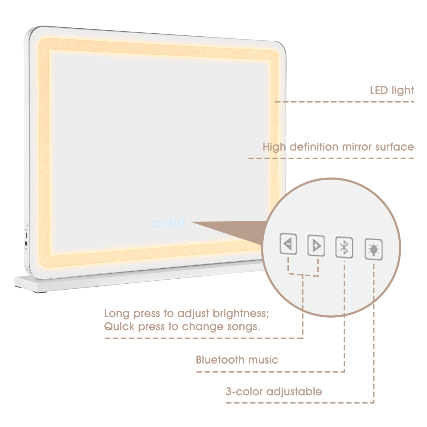 800x600mm Wall Tabletop Vanity Makeup Mirror Bluetooth Crystal LED Light 3 Colors Dimmable