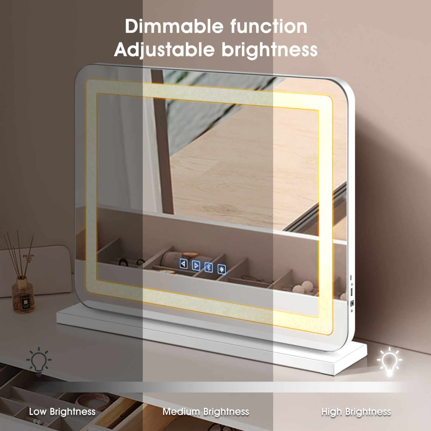 580x460mm Bluetooth Vanity Tabletop Makeup Mirror Rectangle LED Crystal Light
