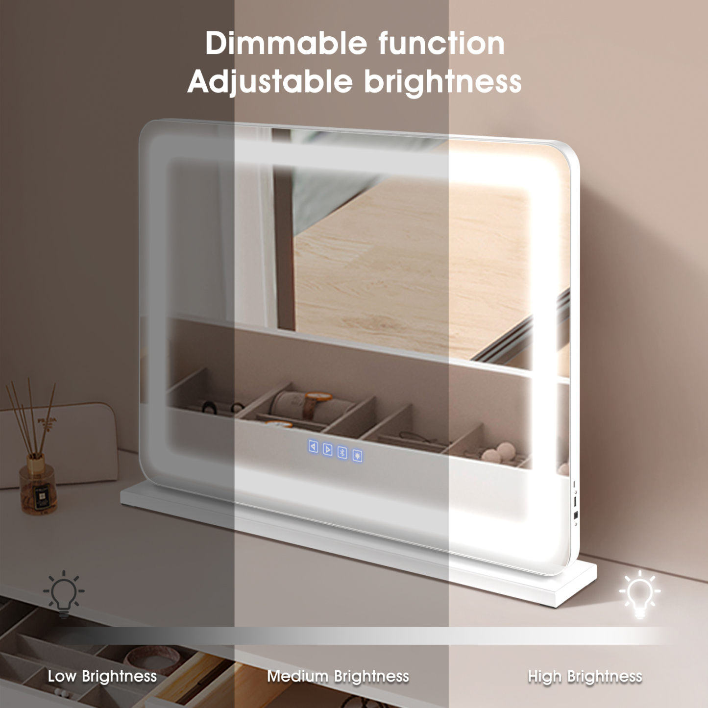 800x600mm Wall Tabletop Vanity Makeup Mirror Bluetooth Crystal LED Light 3 Colors Dimmable