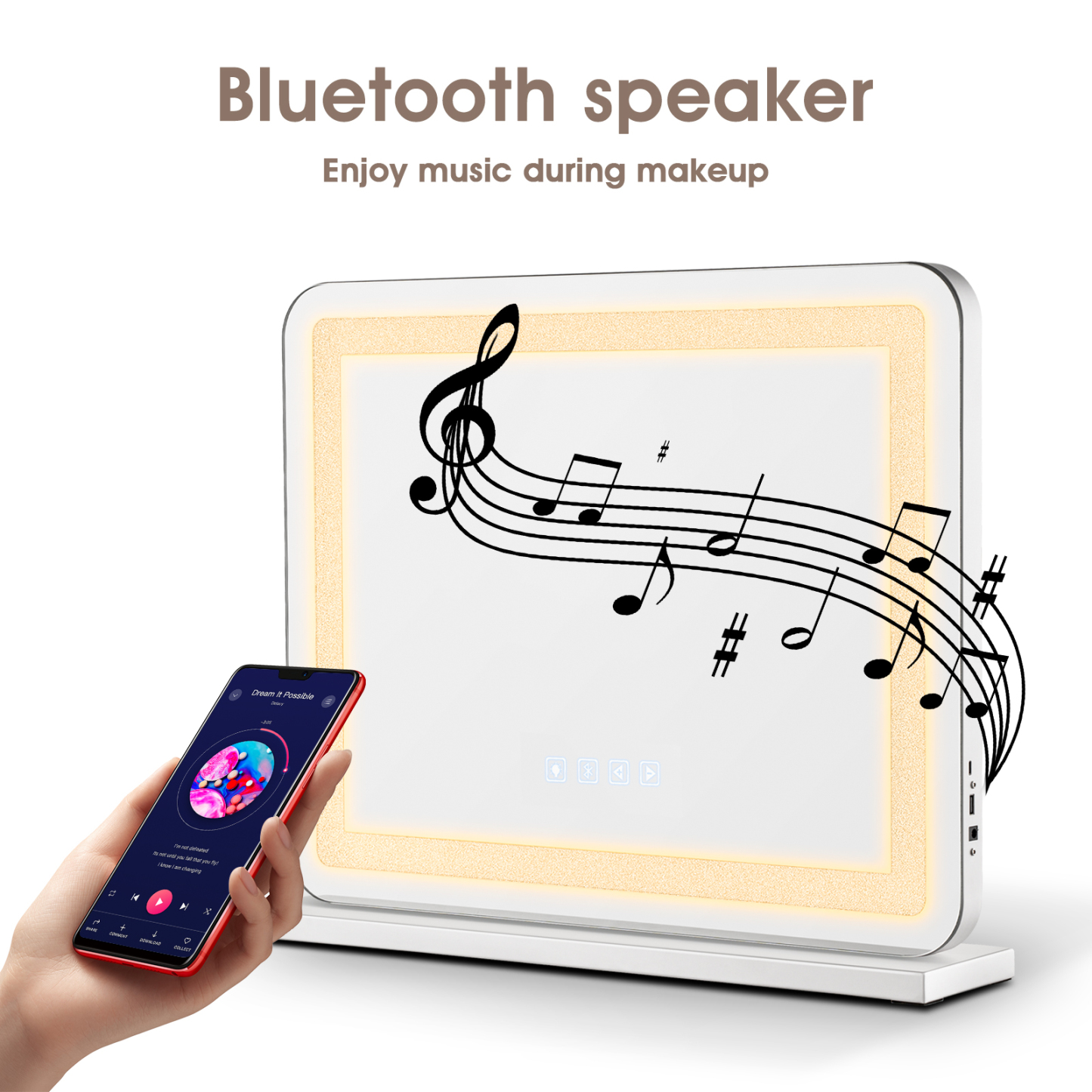 580x460mm Bluetooth Vanity Tabletop Makeup Mirror Rectangle LED Crystal Light