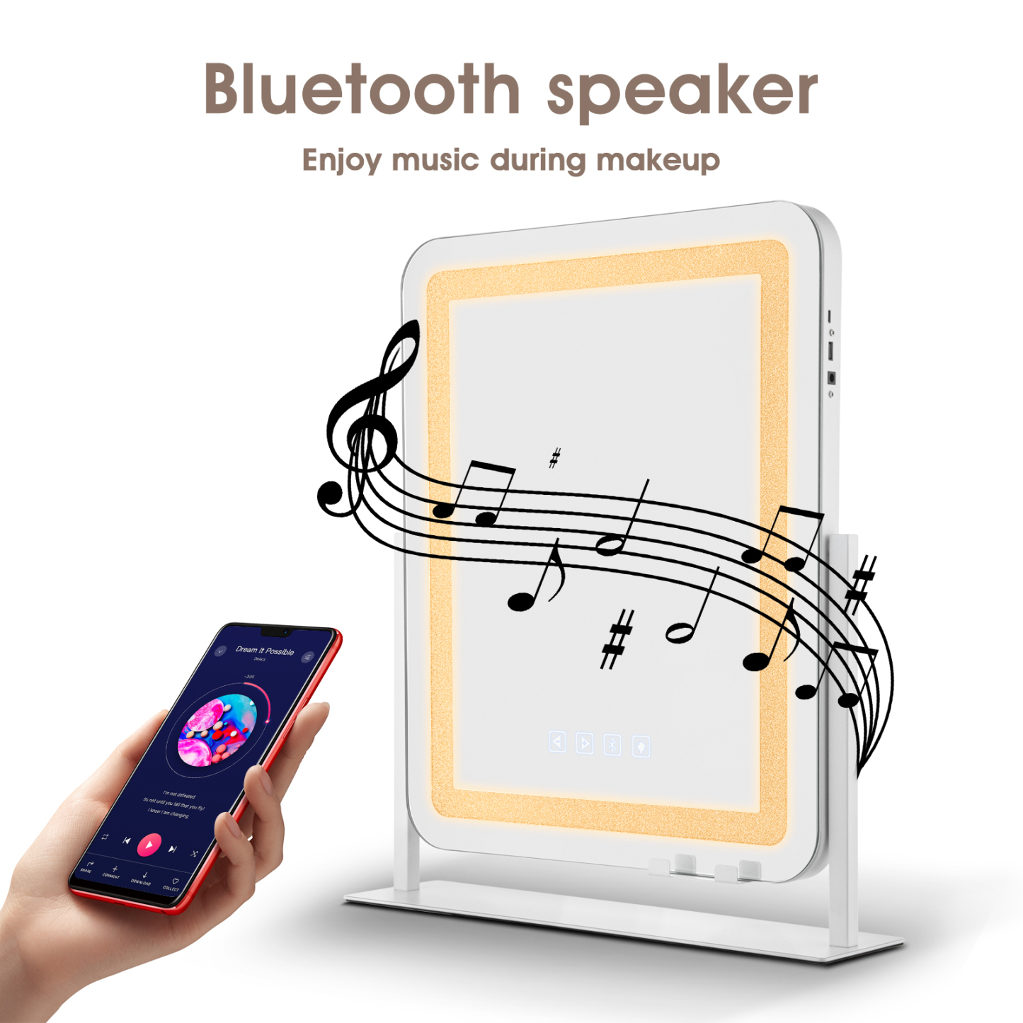500x400mm Crystal LED Light Vanity Tabletop Makeup Mirror Touch Bluetooth 360° Rotation