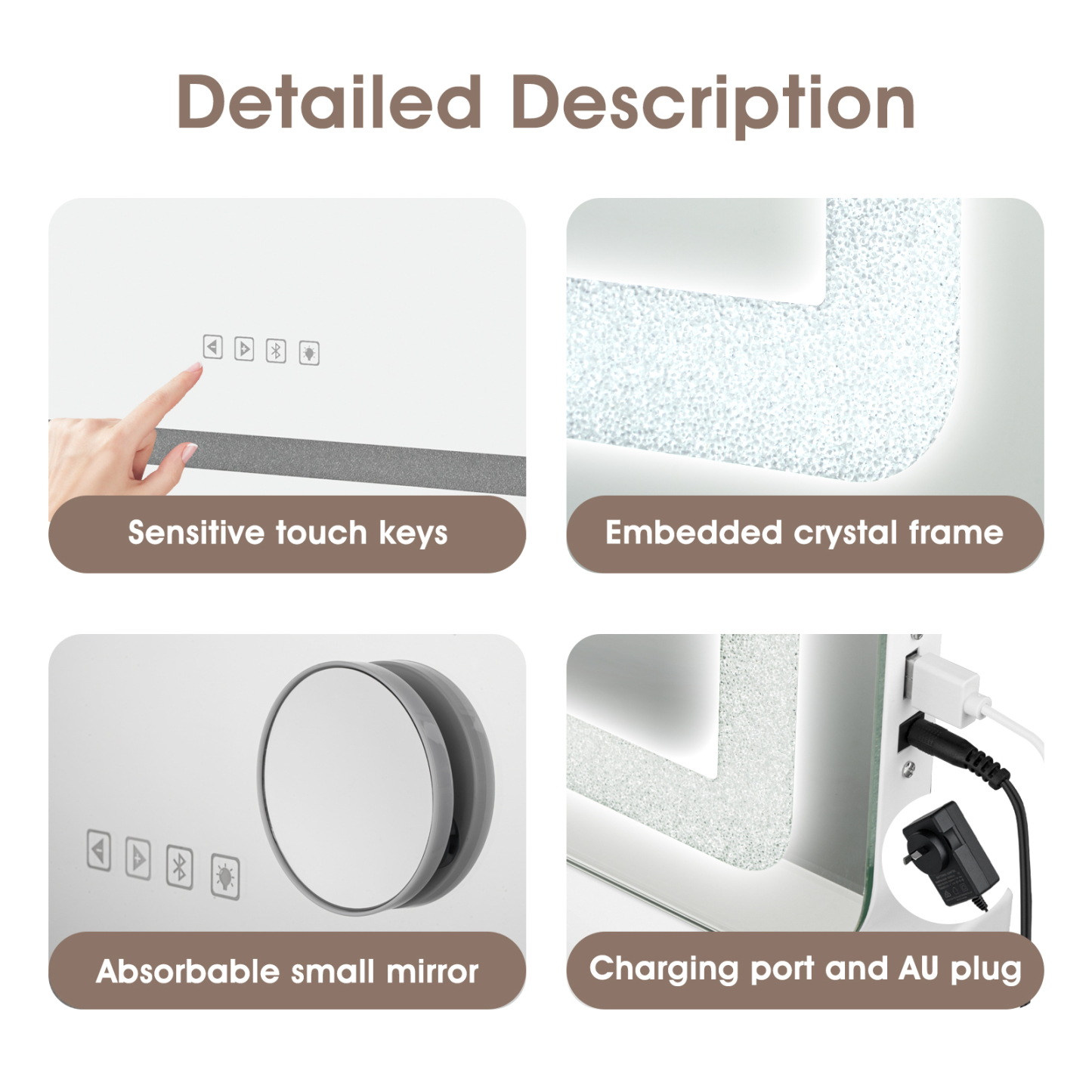 580x460mm Bluetooth Vanity Tabletop Makeup Mirror Rectangle LED Crystal Light