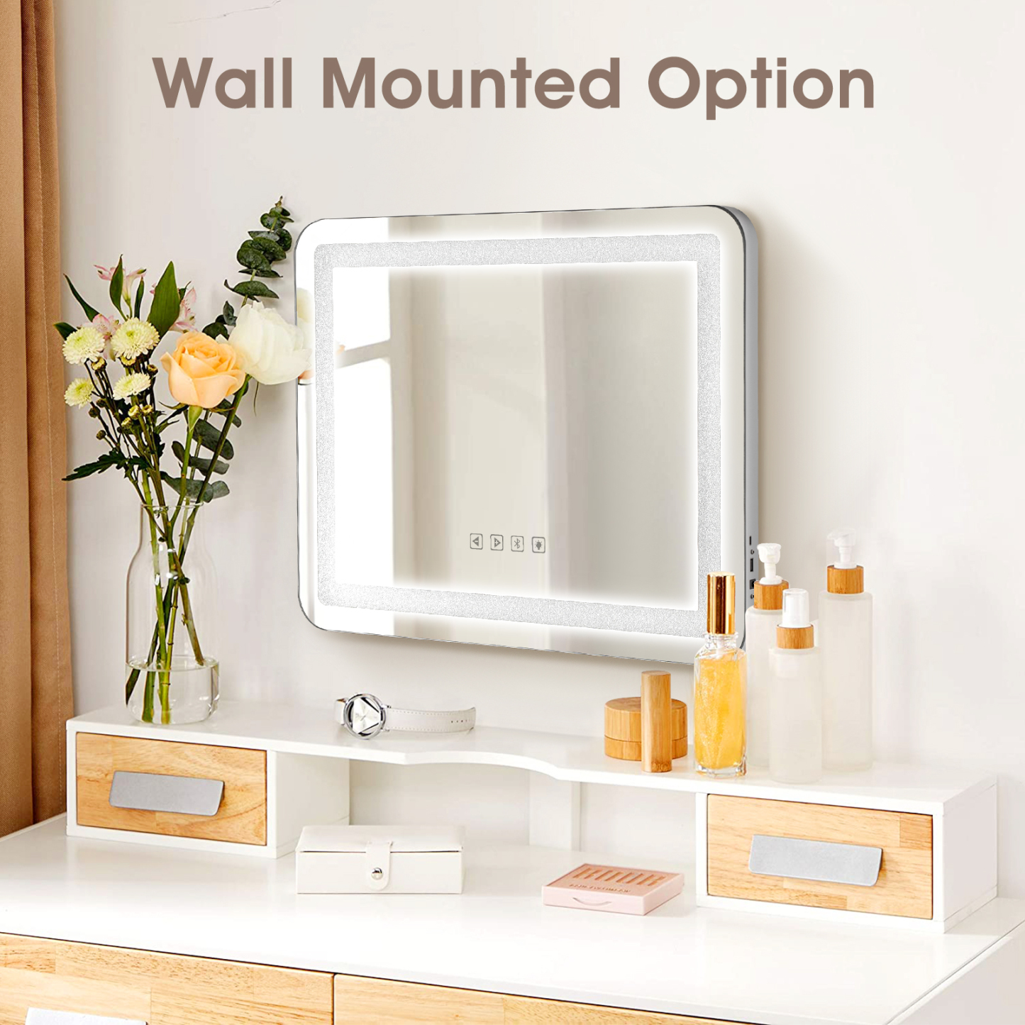 580x460mm Bluetooth Vanity Tabletop Makeup Mirror Rectangle LED Crystal Light