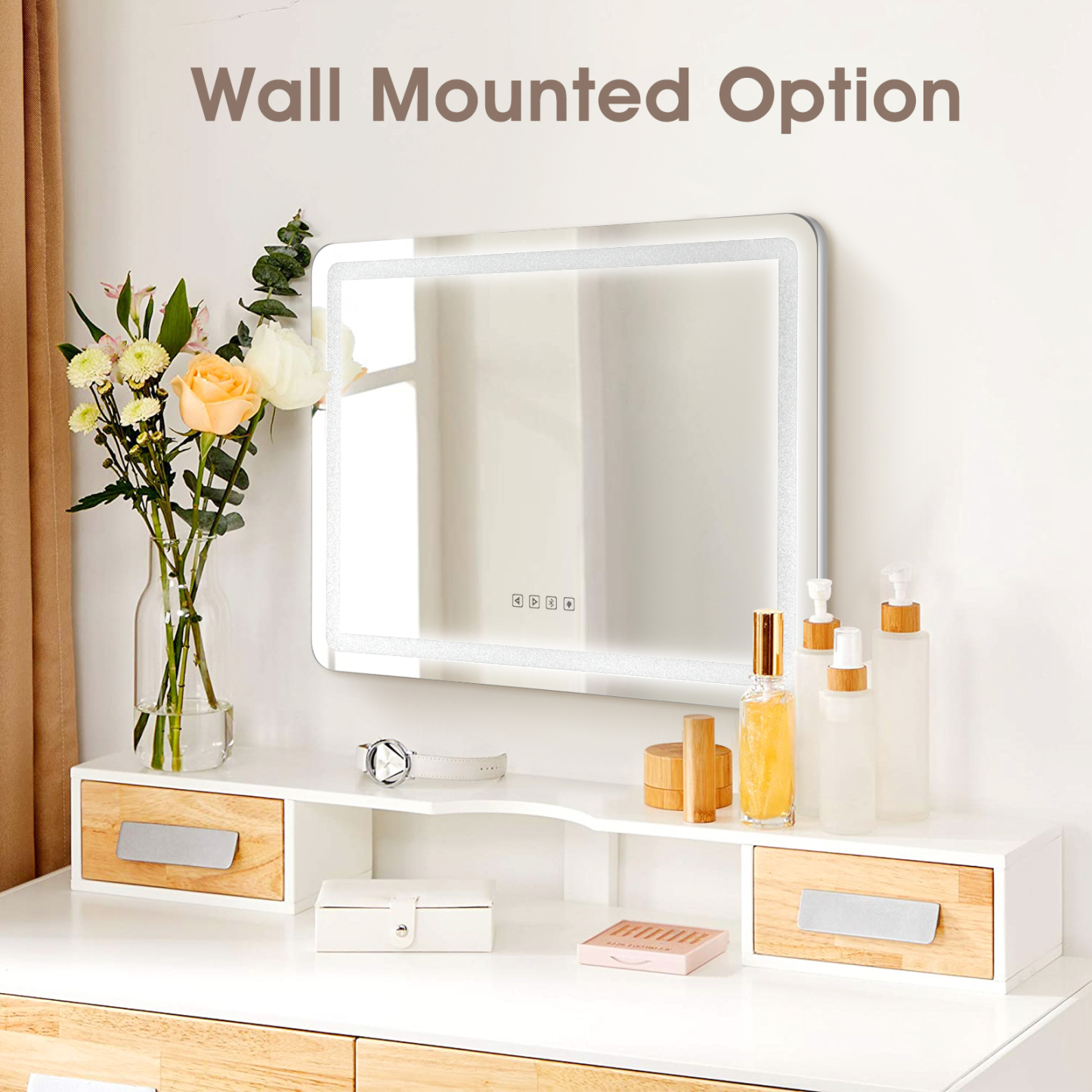 800x600mm Wall Tabletop Vanity Makeup Mirror Bluetooth Crystal LED Light 3 Colors Dimmable