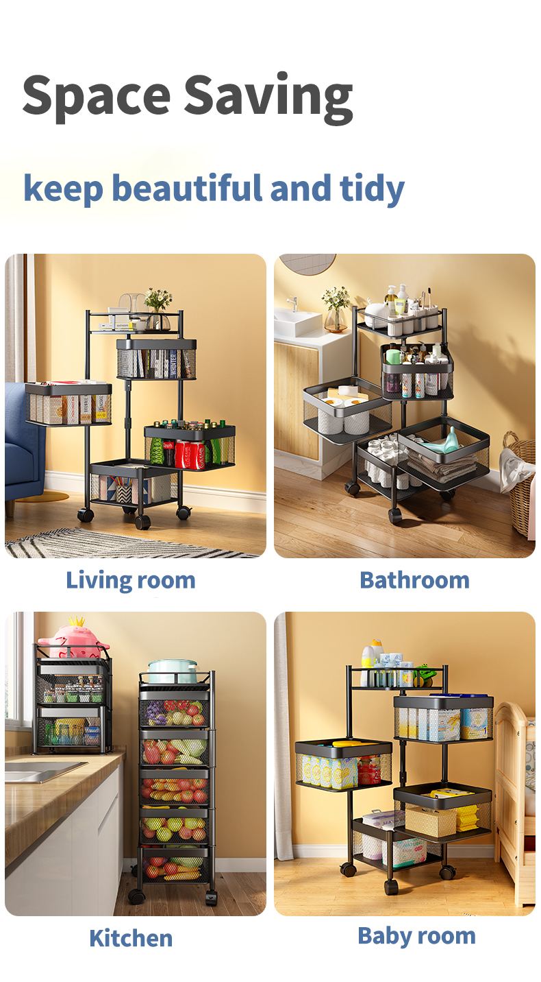 4 Tiers Kitchen Trolley Storage Rack Organizer Cart Storage Rack Square Basket Vegetable Rotating Holder
