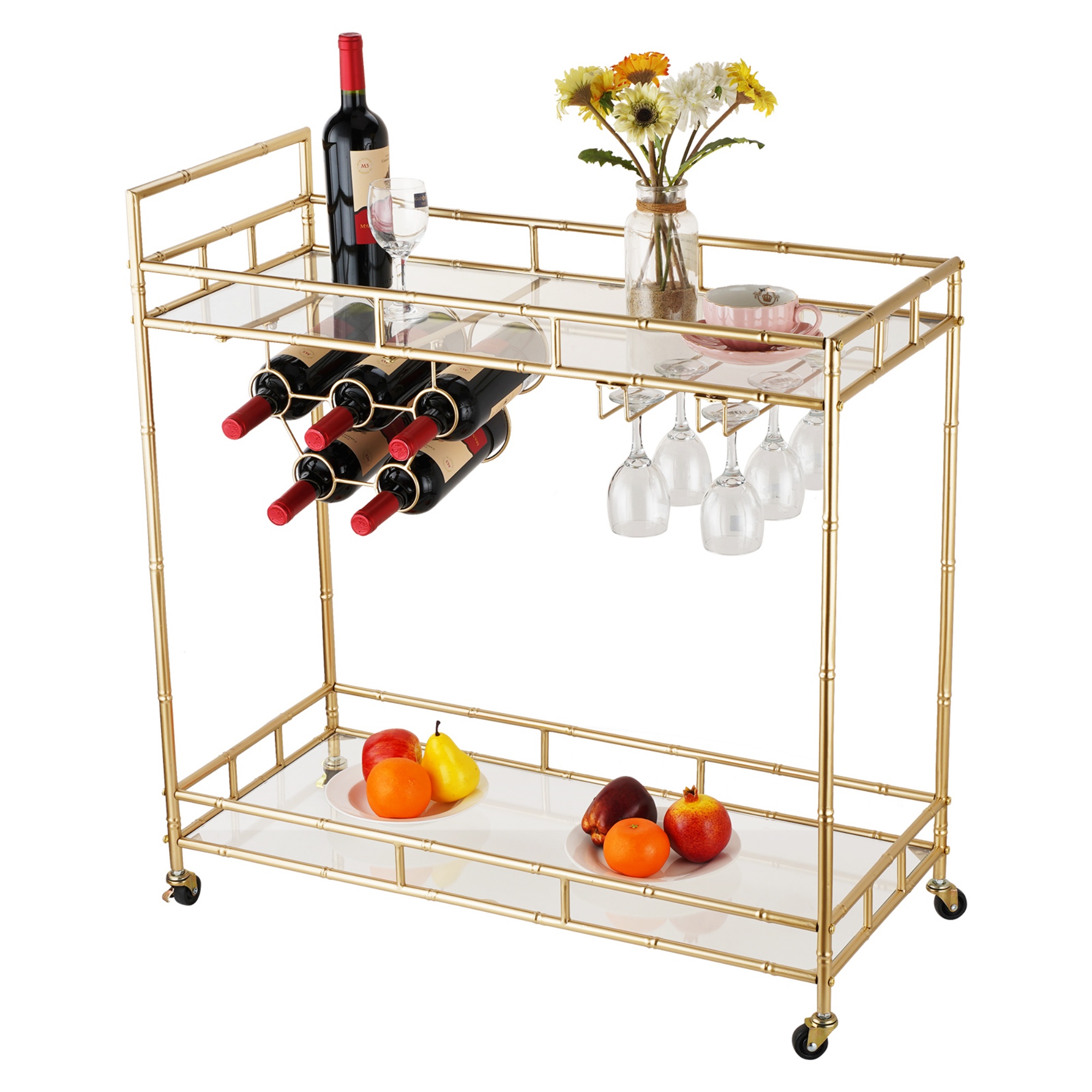 2 Tier Kitchen Island Food Fruit Serving Trolley Rolling Wine Bear Drinks Holder Bar Cart Glass Tabletop