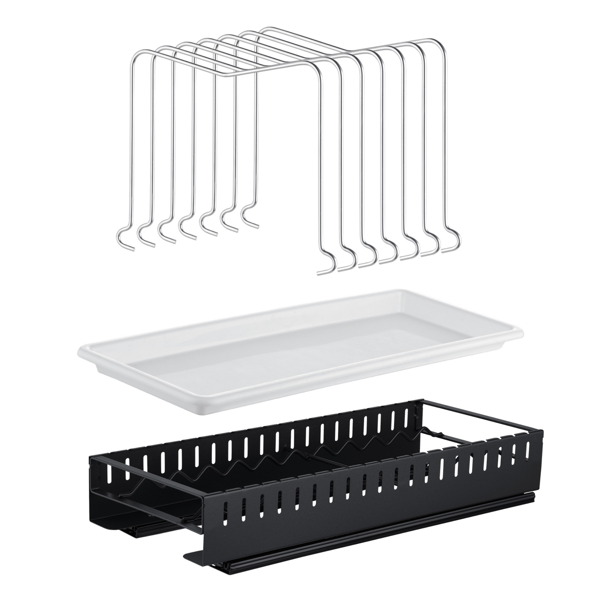 Under Cabinet Pull-Out Kitchen Cookware Storage Rack Pot Pan Organizer Holder Drain Tray Shelf Black/White