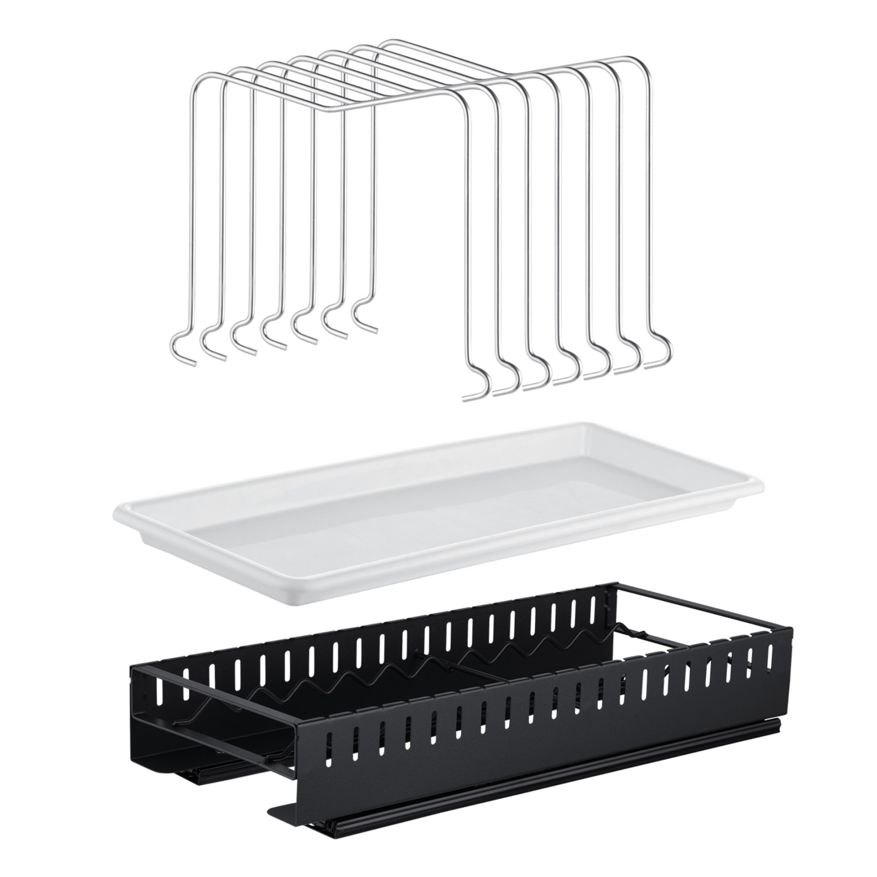 Under Cabinet Pull-Out Kitchen Cookware Storage Rack Pot Pan Organizer Holder Drain Tray Shelf Black/White