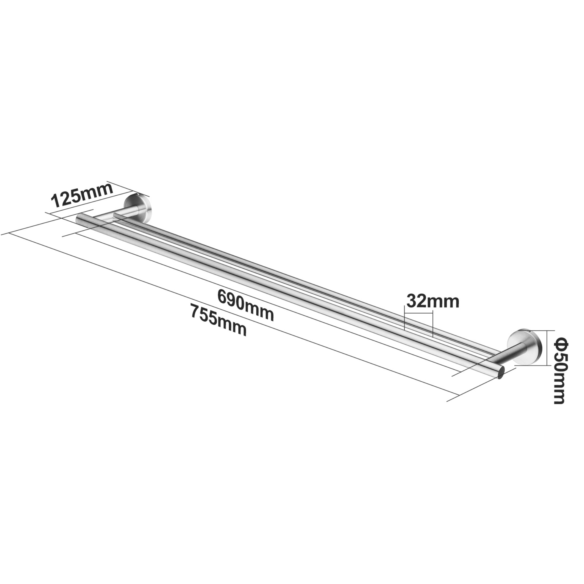 755mm Stainless Steel Double Towel Rack Bathroom Round Brushed Nickel Double Bars Towel Rail Holder