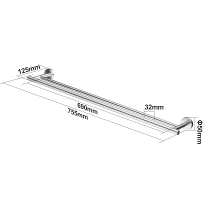 755mm Stainless Steel Double Towel Rack Bathroom Round Brushed Nickel Double Bars Towel Rail Holder