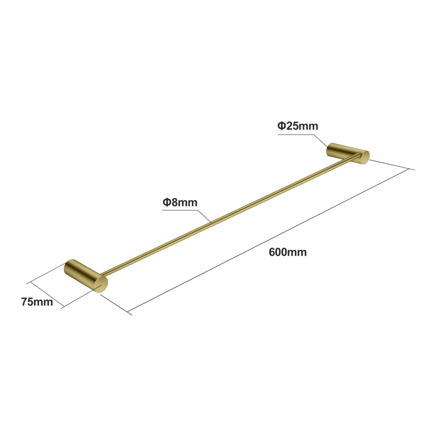 Round Stainless Steel 600mm Single Towel Rail Rack Bathroom Wall Mounted Towel Clothes Holder Hanger Chrome/Matte Black/Brushed Yellow Gold