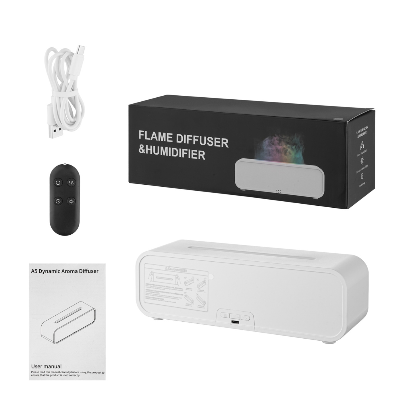 7 Colour Flame Remote Control Aromatherapy Diffuser 3 Timer Sound Reactive Air Humidification Black/White