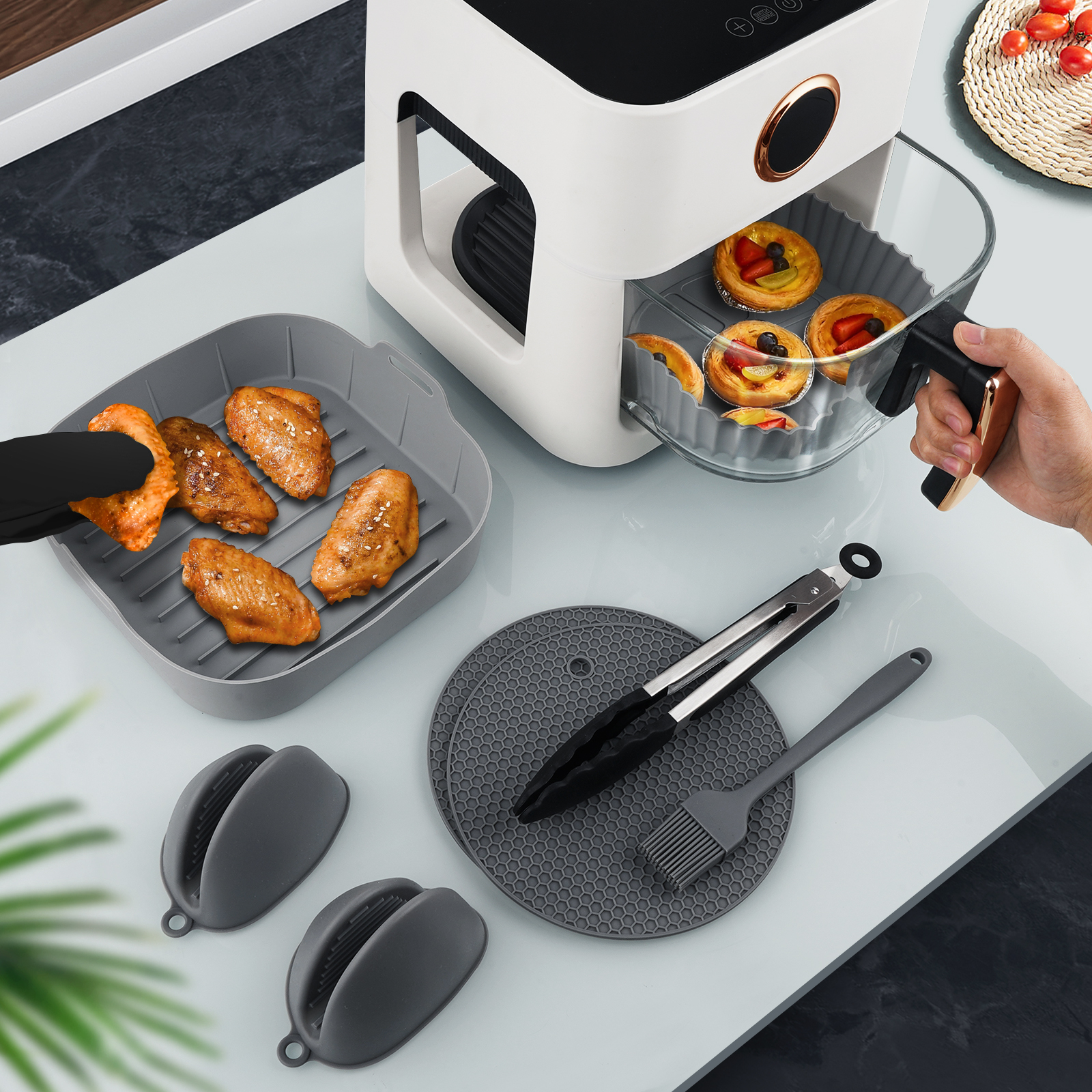 Silicone Air Fryer Basket 8pc Set Non-Stick Reusable Baking Tray Tong Mat Pot Accessories