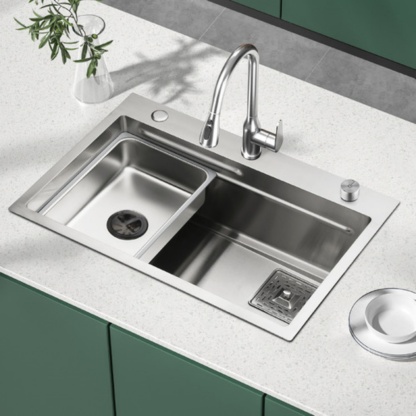 Stainless Steel Single Bowl Counter Top Control Kitchen Sink Smart Drainage Detachable Colander Satin Brush/Dark Grey/Yellow Gold