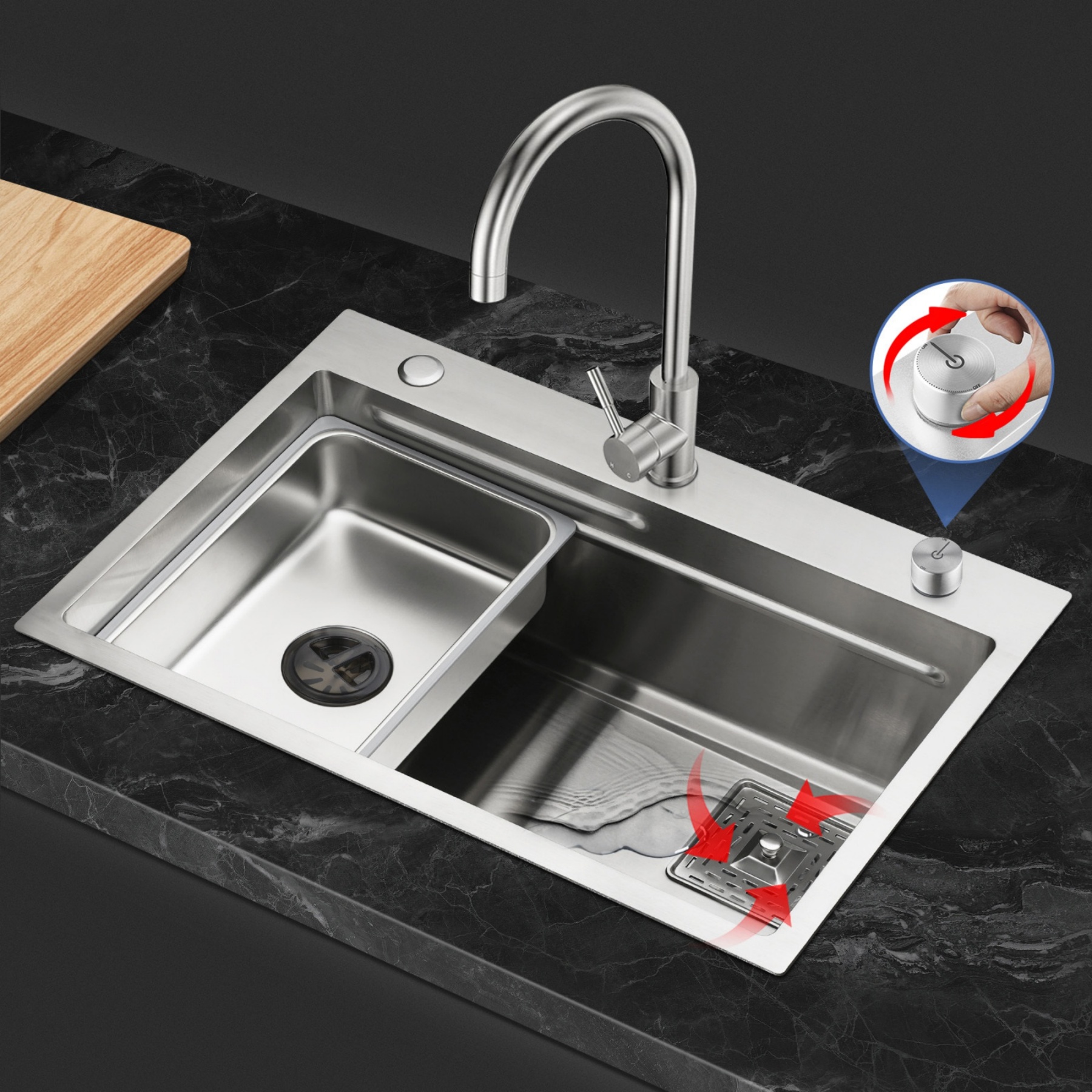 Stainless Steel Single Bowl Counter Top Control Kitchen Sink Smart Drainage Detachable Colander Satin Brush/Dark Grey/Yellow Gold