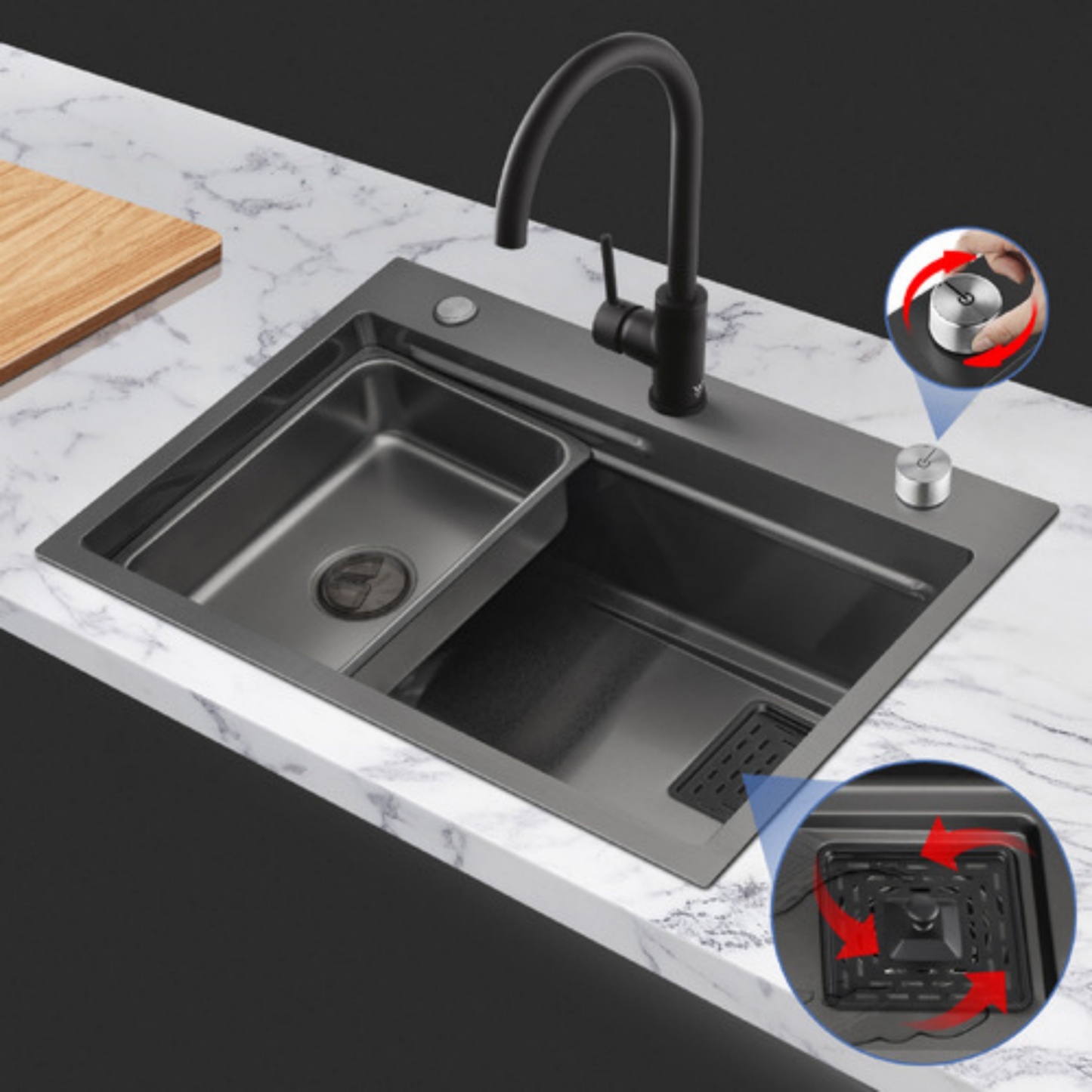 Stainless Steel Single Bowl Counter Top Control Kitchen Sink Smart Drainage Detachable Colander Satin Brush/Dark Grey/Yellow Gold