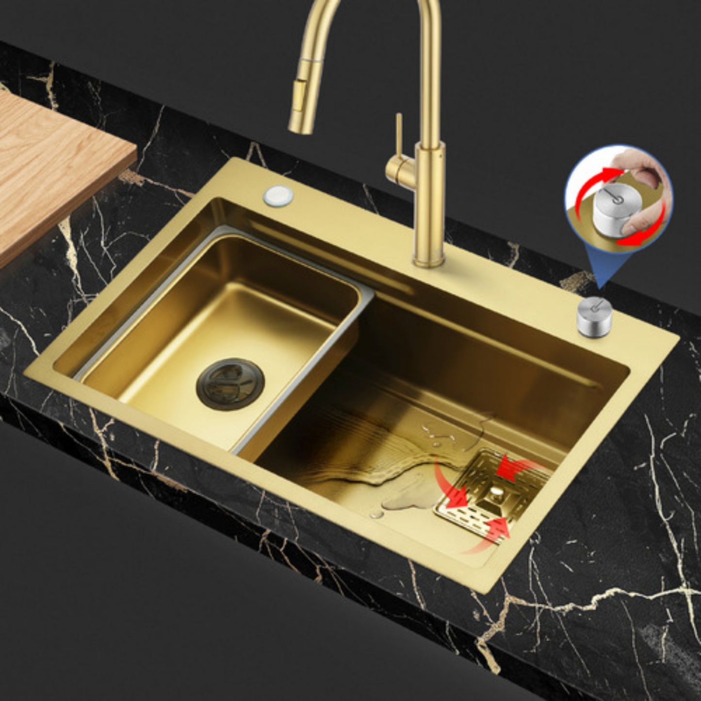 Stainless Steel Single Bowl Counter Top Control Kitchen Sink Smart Drainage Detachable Colander Satin Brush/Dark Grey/Yellow Gold