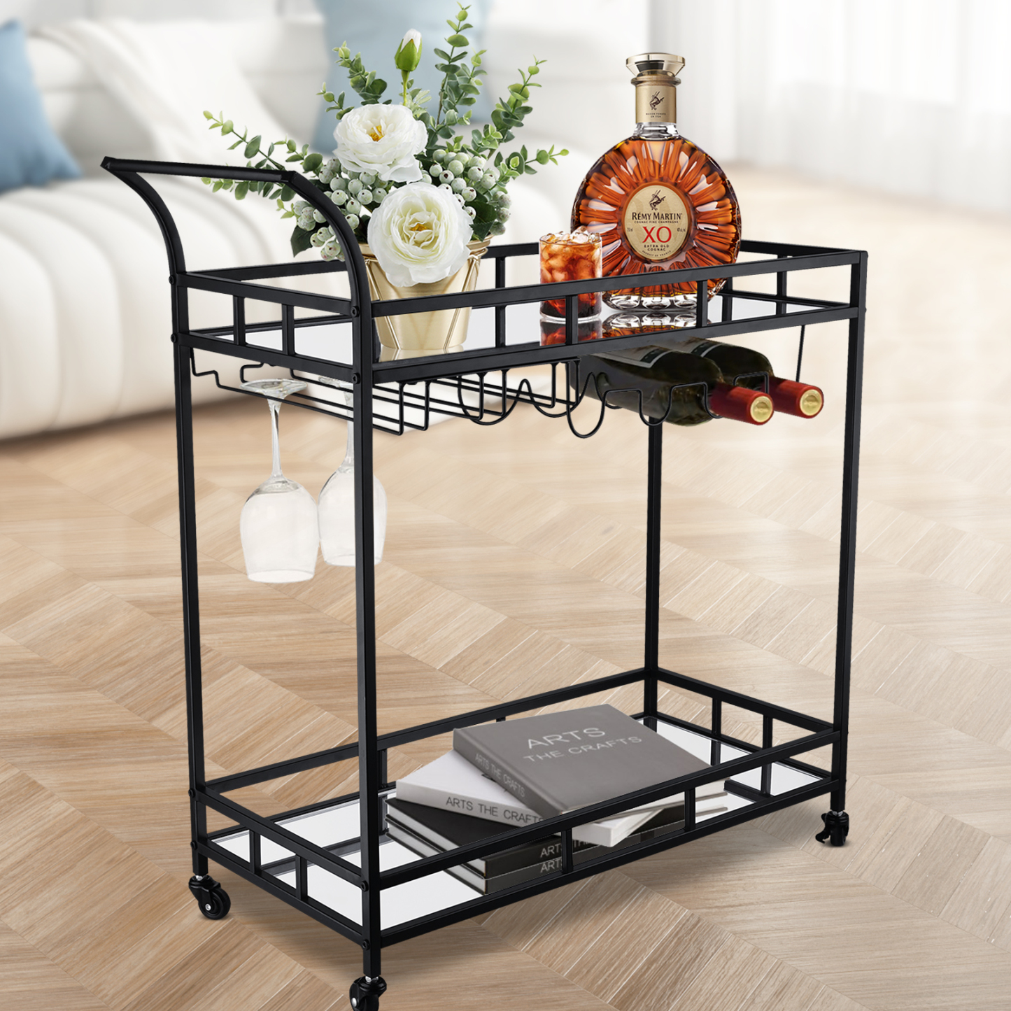 Black Bar Cart Kitchen Trolley Serving Drink Coffee Liquor Tea Wine Cocktail Alcohol