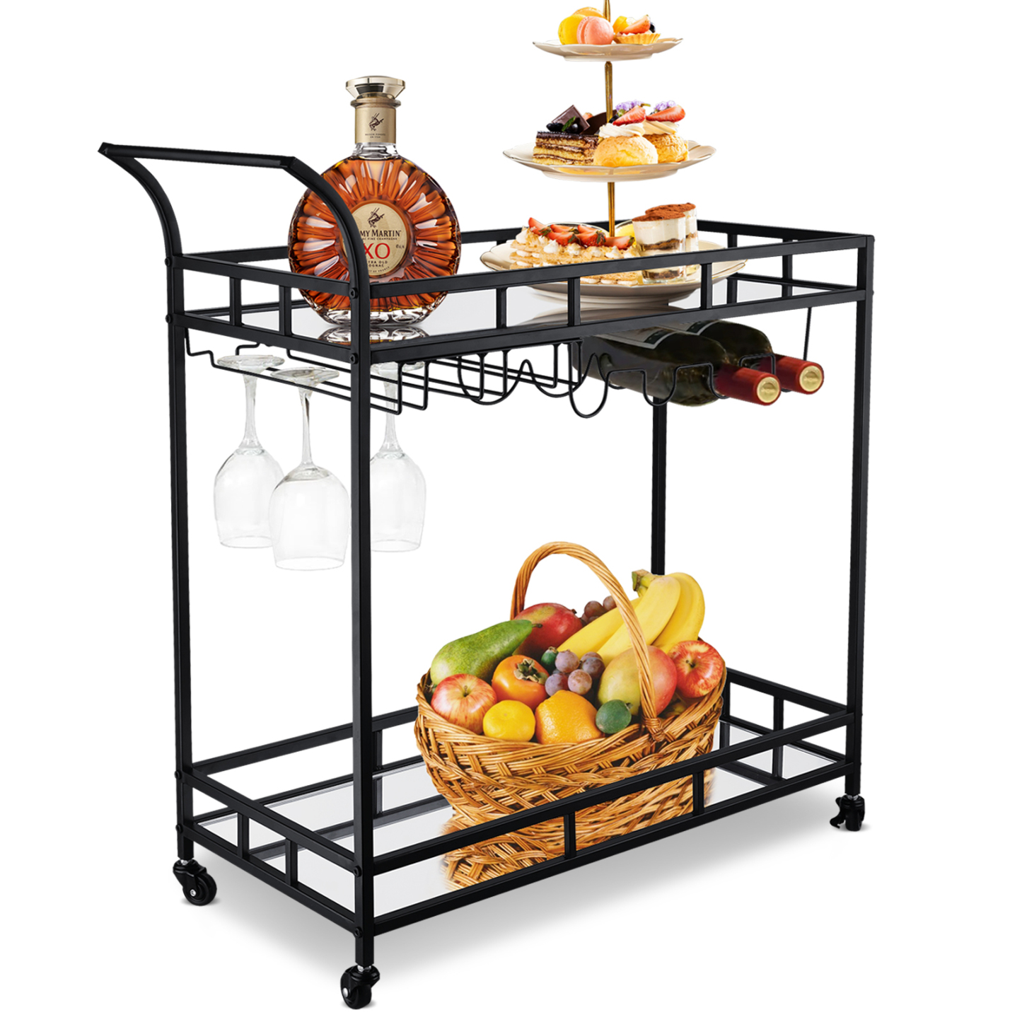 Black Bar Cart Kitchen Trolley Serving Drink Coffee Liquor Tea Wine Cocktail Alcohol