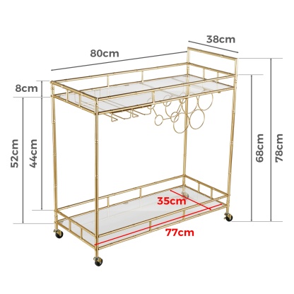 2 Tier Kitchen Island Food Fruit Serving Trolley Rolling Wine Bear Drinks Holder Bar Cart Glass Tabletop