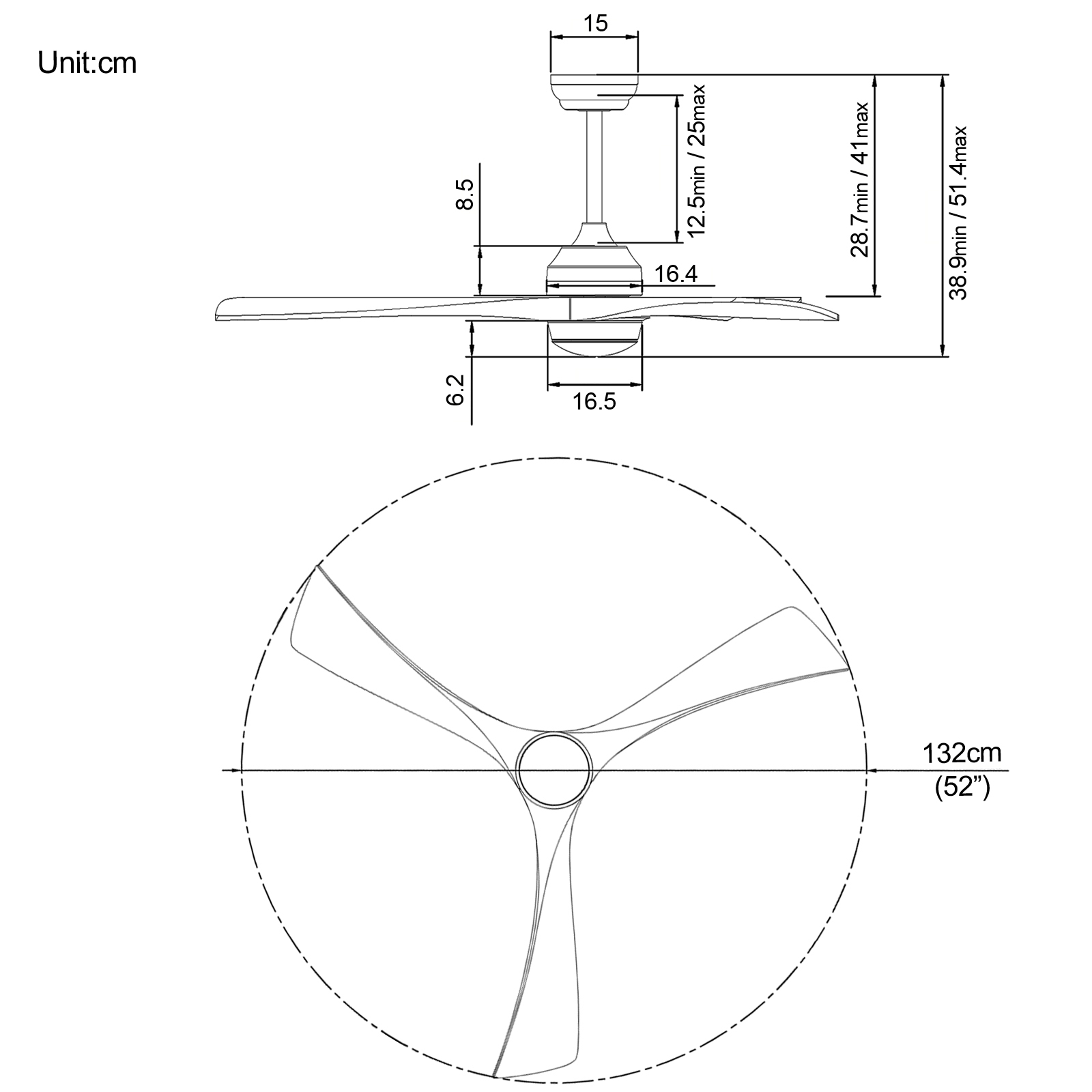 52" Ceiling Fan 3 Wooden Blades Single Light Colour Single Blow Speed