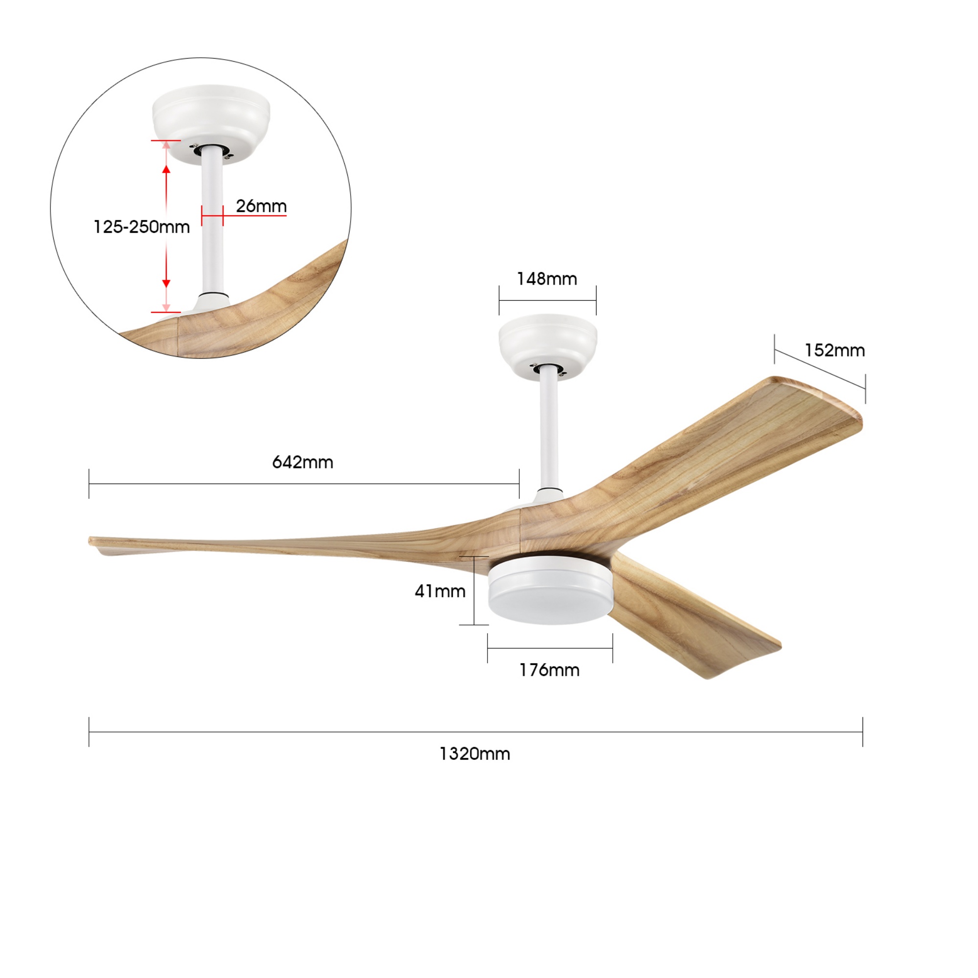 3 Timber Wooden Blades Ceiling Fan Indoor/Outdoor 6 Speed Reversible LED Light Remote Control Matt White & Natural/Matt Black & Mahogany