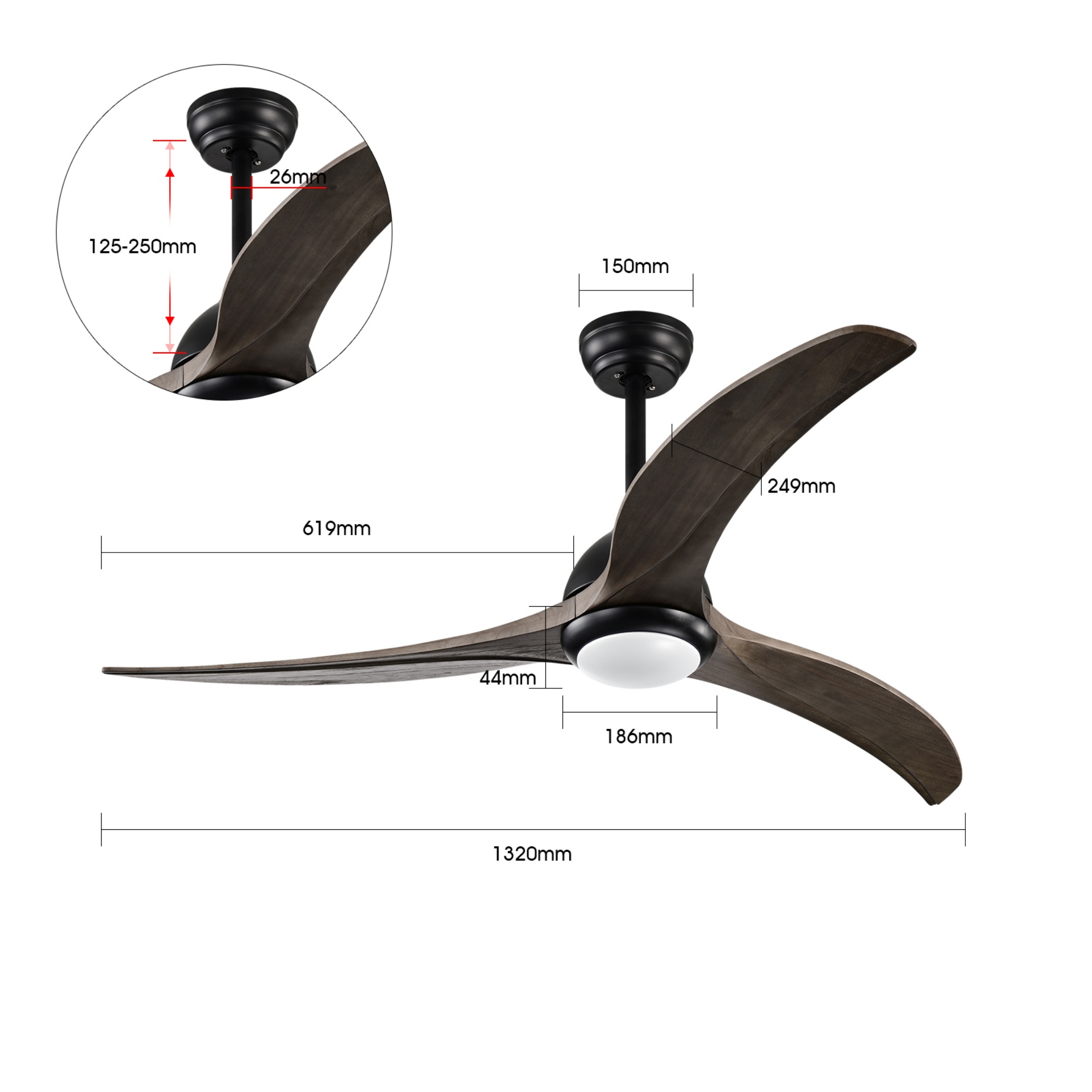 52'' Timber Wooden Blades Ceiling Fan Indoor/Under Cover Outdoor 6 Speed Reversible LED Light Remote Control Matt White & Natural/Matt Black & Ebony