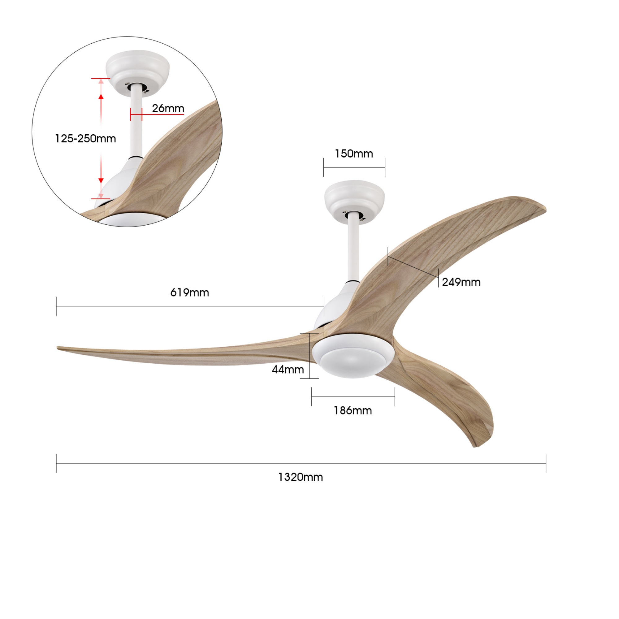 52'' Timber Wooden Blades Ceiling Fan Indoor/Under Cover Outdoor 6 Speed Reversible LED Light Remote Control Matt White & Natural/Matt Black & Ebony