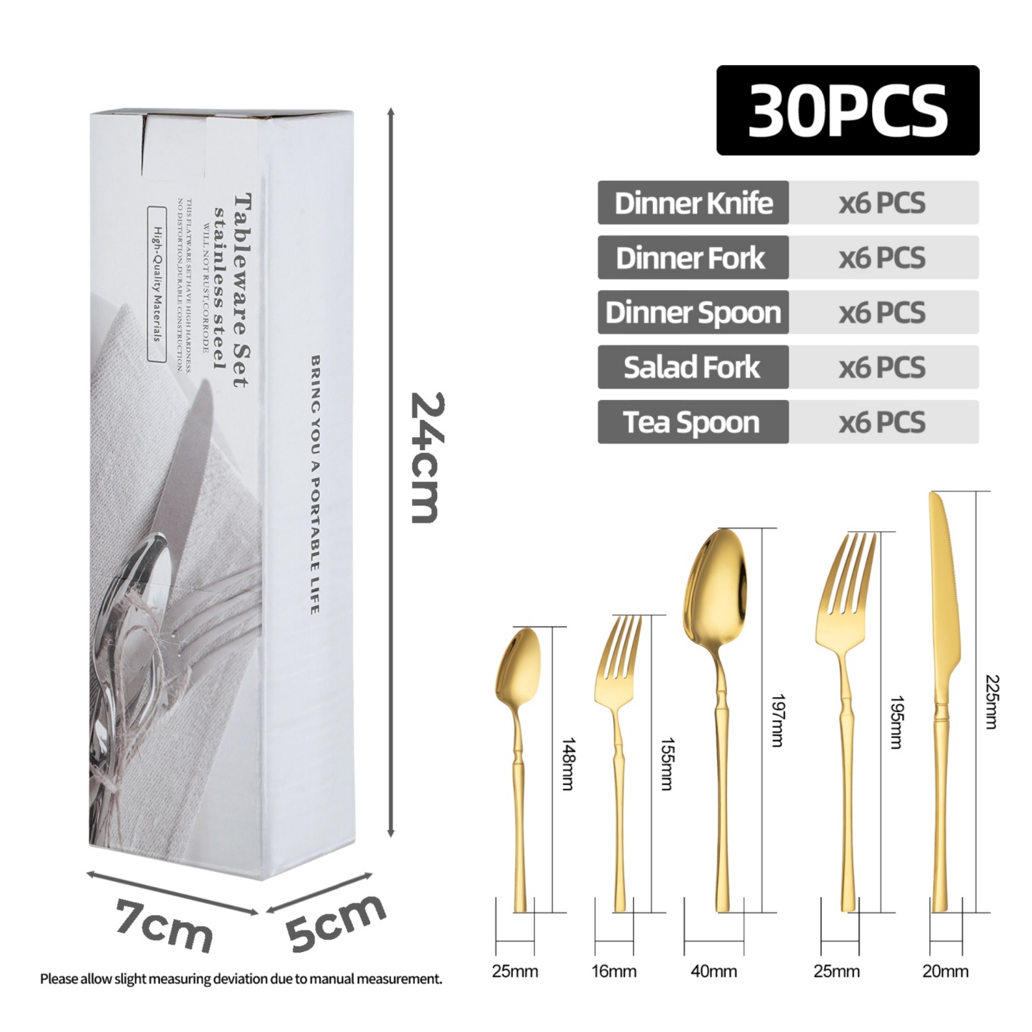  Cutlery Set Stainless Steel 30PCS Knife Dinner Salad Fork Tea Spoon Gold