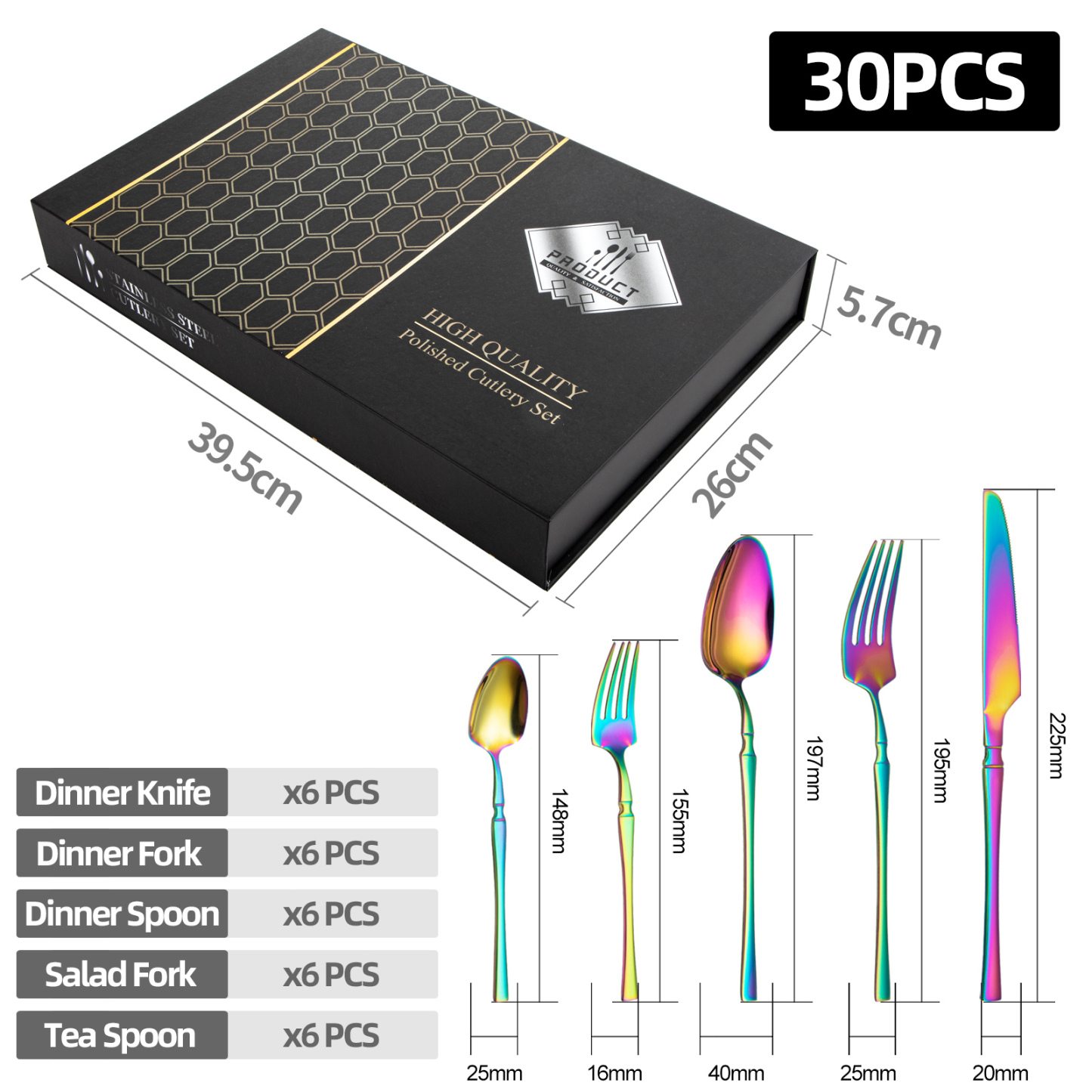 30PCs Stainless Steel Cutlery Set Rainbow Dinner Tableware Knife Fork Spoon