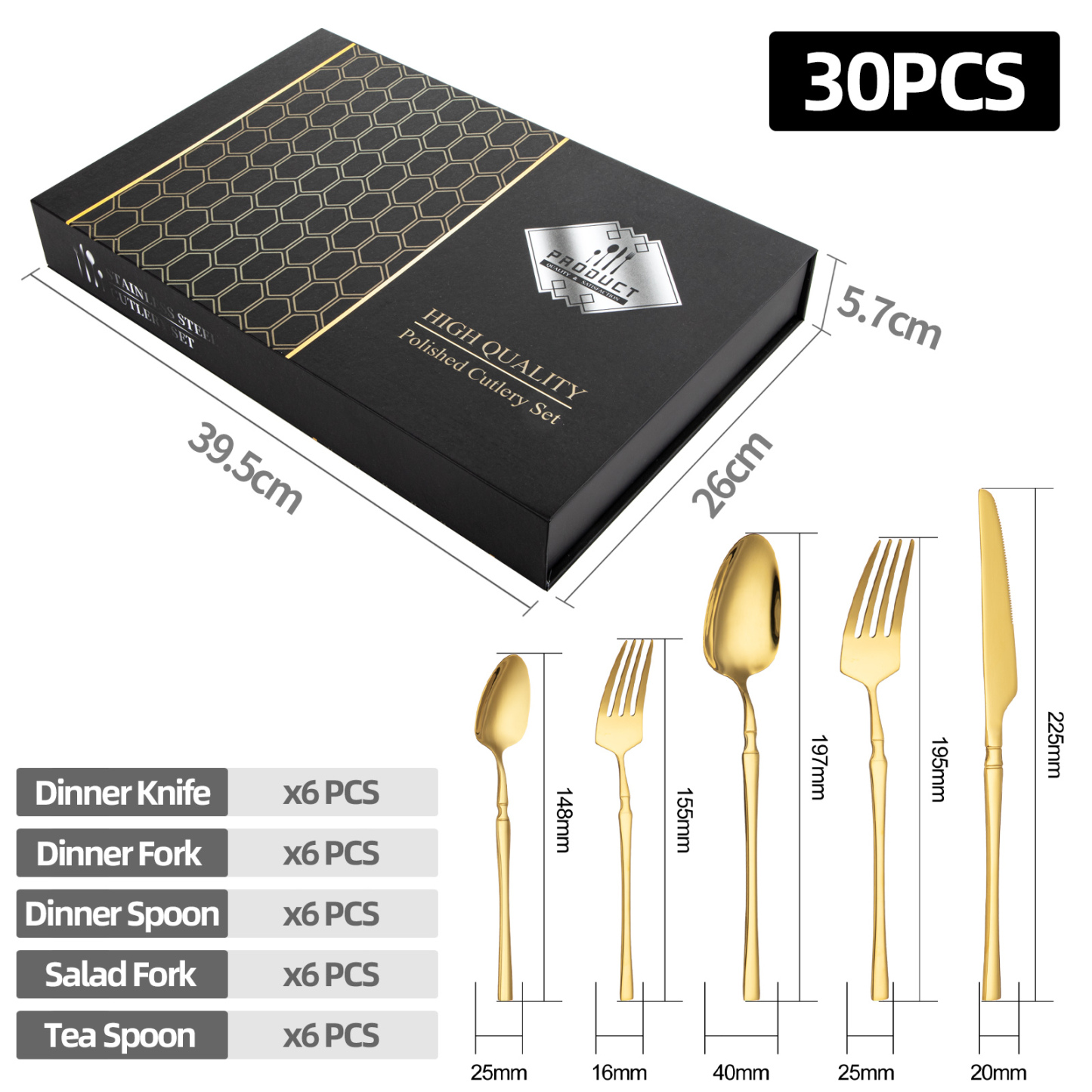 Cutlery Set Stainless Steel 30PCS Knife Dinner Salad Fork Tea Spoon Gold