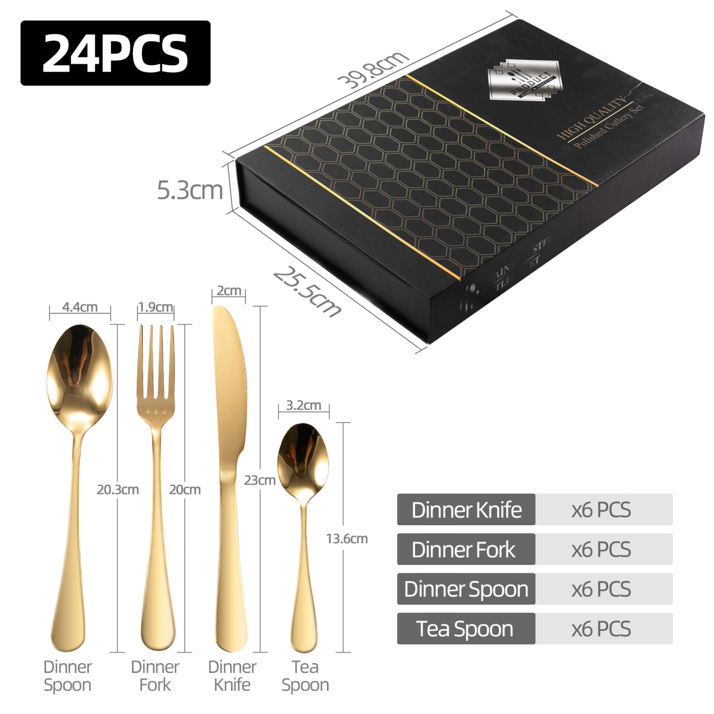 24PCs Stainless Steel Cutlery Set Gold Dinner Tableware Set Knife Fork Spoon