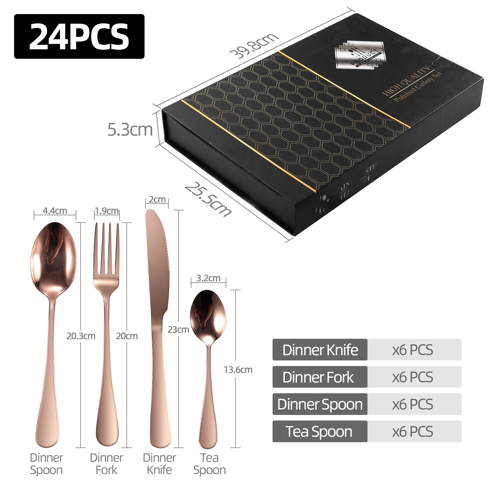 24 PCS Stainless Steel Rose Gold Cutlery Set Dinner Knife Fork Spoon Gift