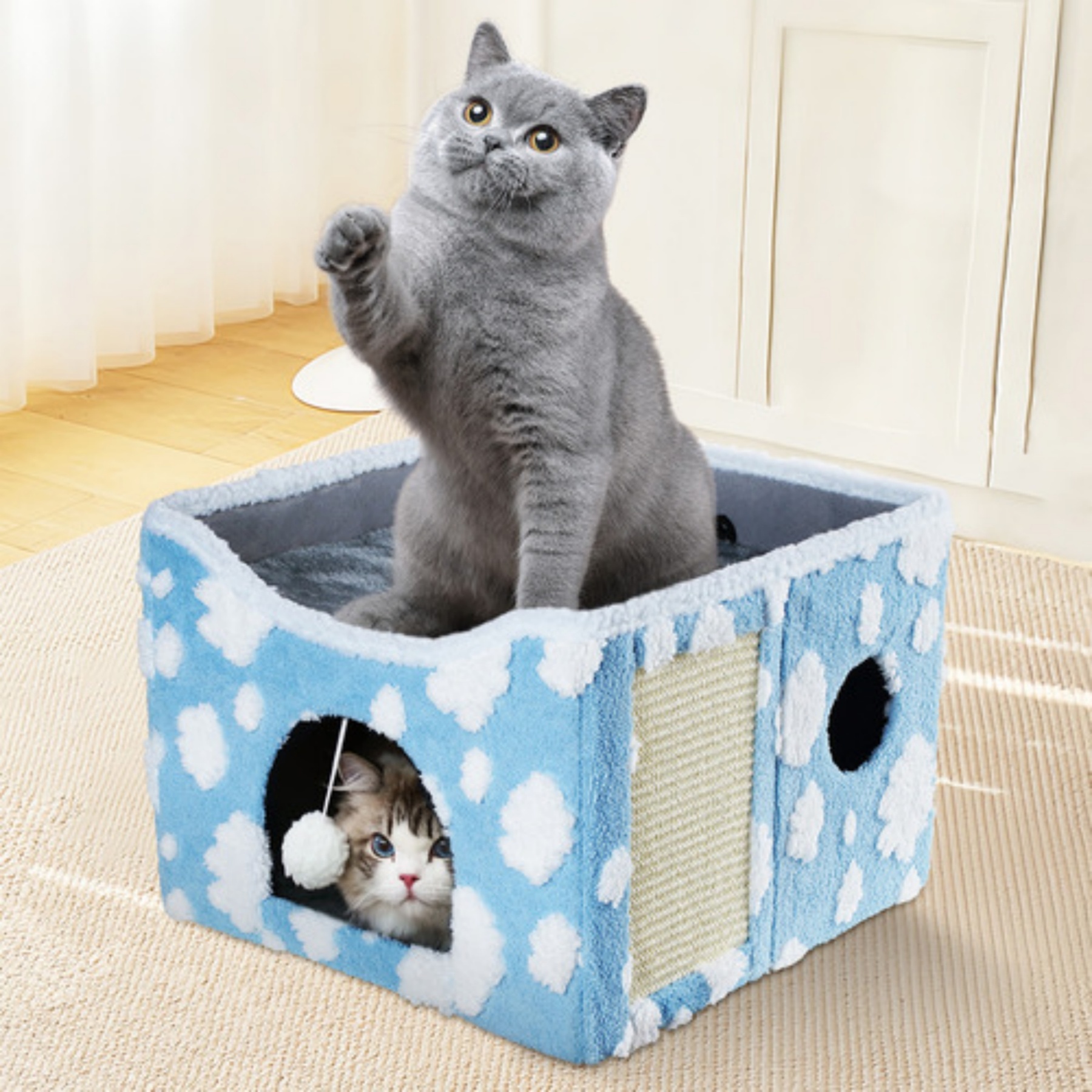 Foldable Indoor Pet Bed Cat Cave Felt Bed Scratch Pad Kitten Cat Hideaway House Grey/Blue
