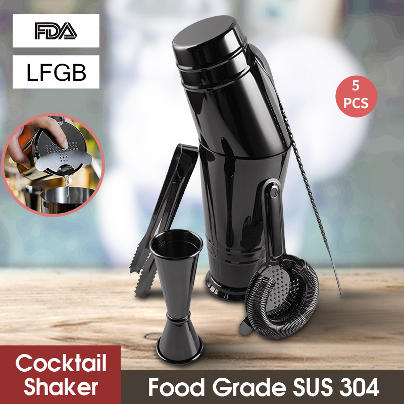 5pcs Black Cocktail Shaker Set Mixer Martini Spirits Bar Strainer Bartender Kit 720ml