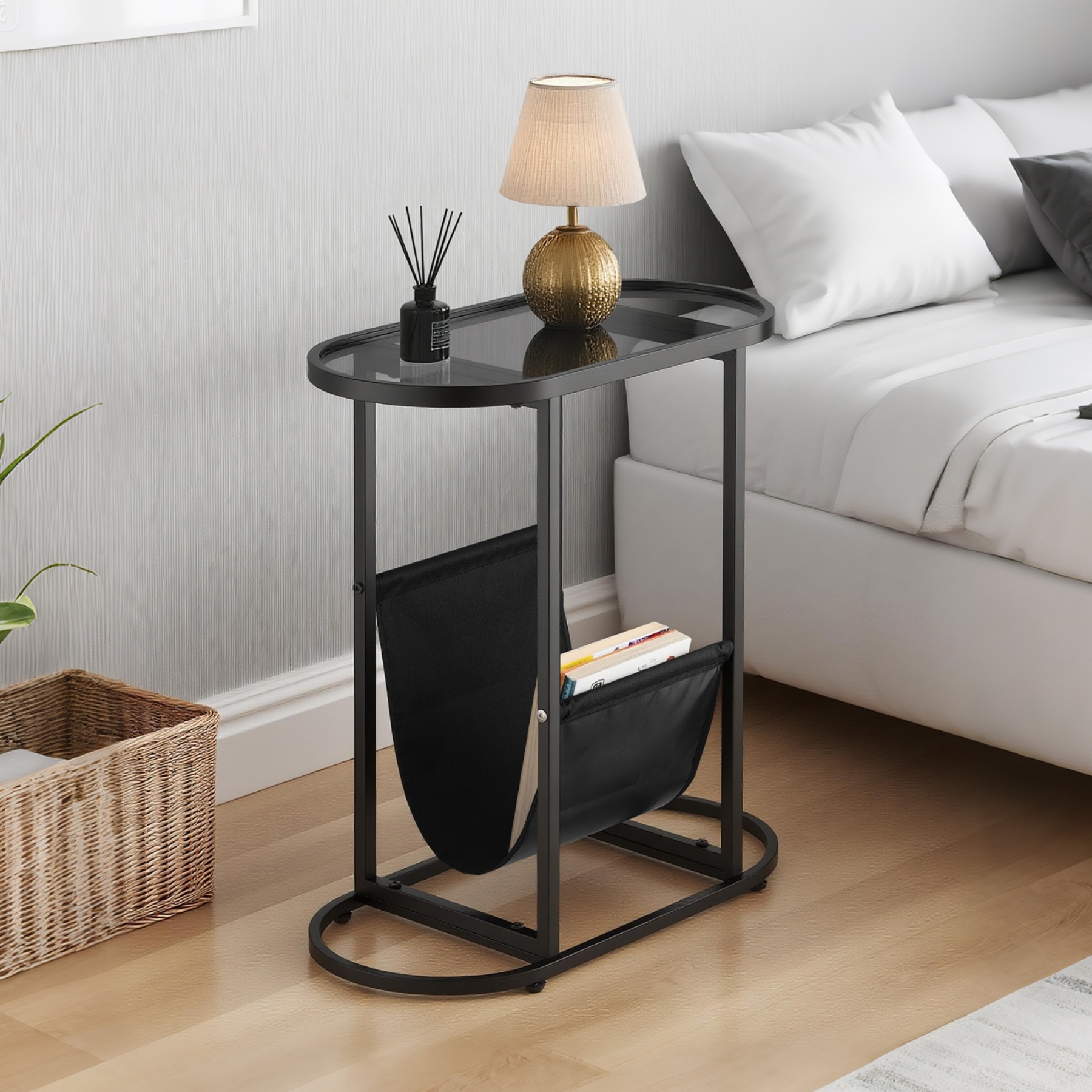 Oval Glass Tabletop Coffee Side Table Bedside Table with Magazine Storage Holder Black